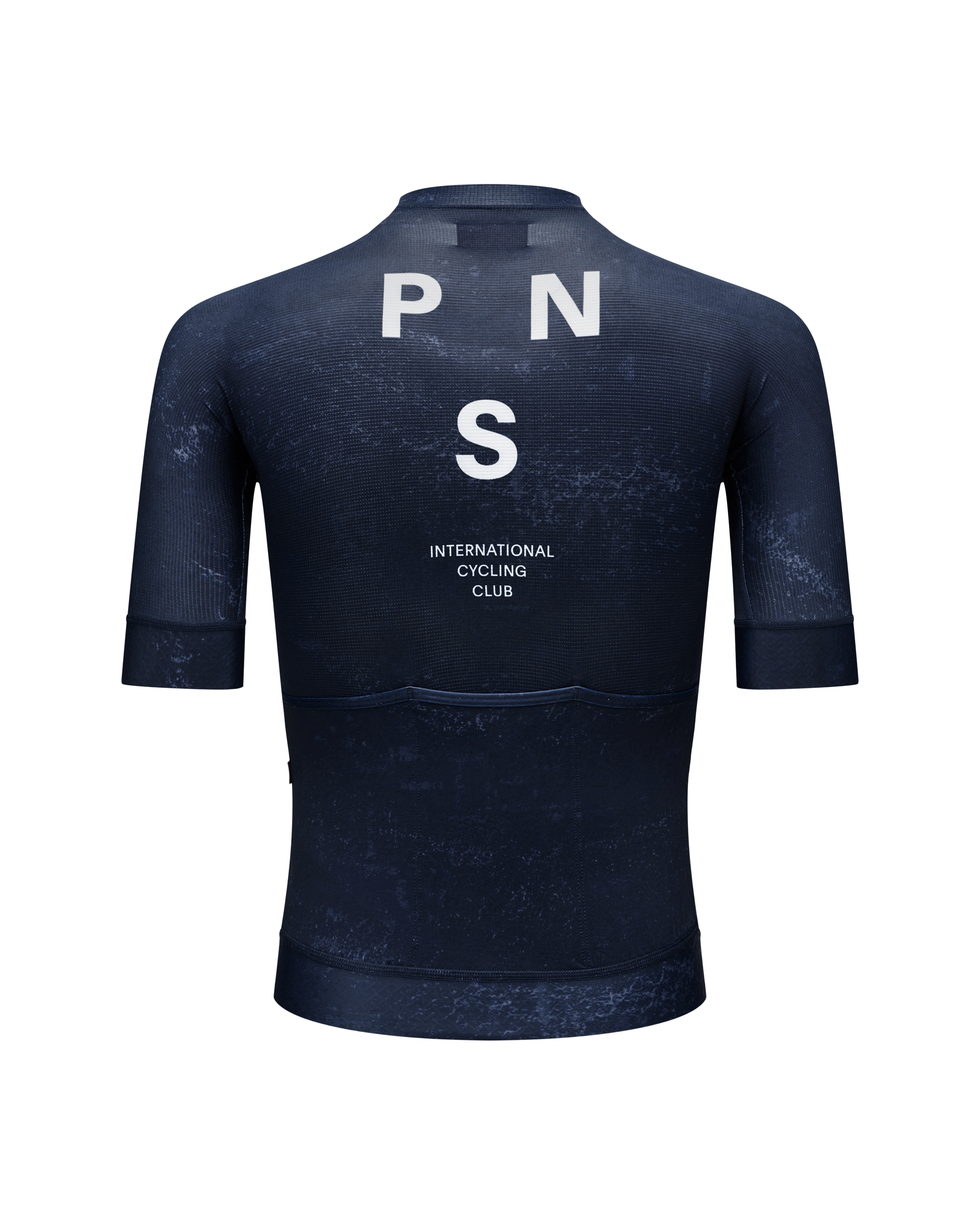 Navy Mechanism cycling jersey, rear view with white PNS lettering and International Cycling Club text
