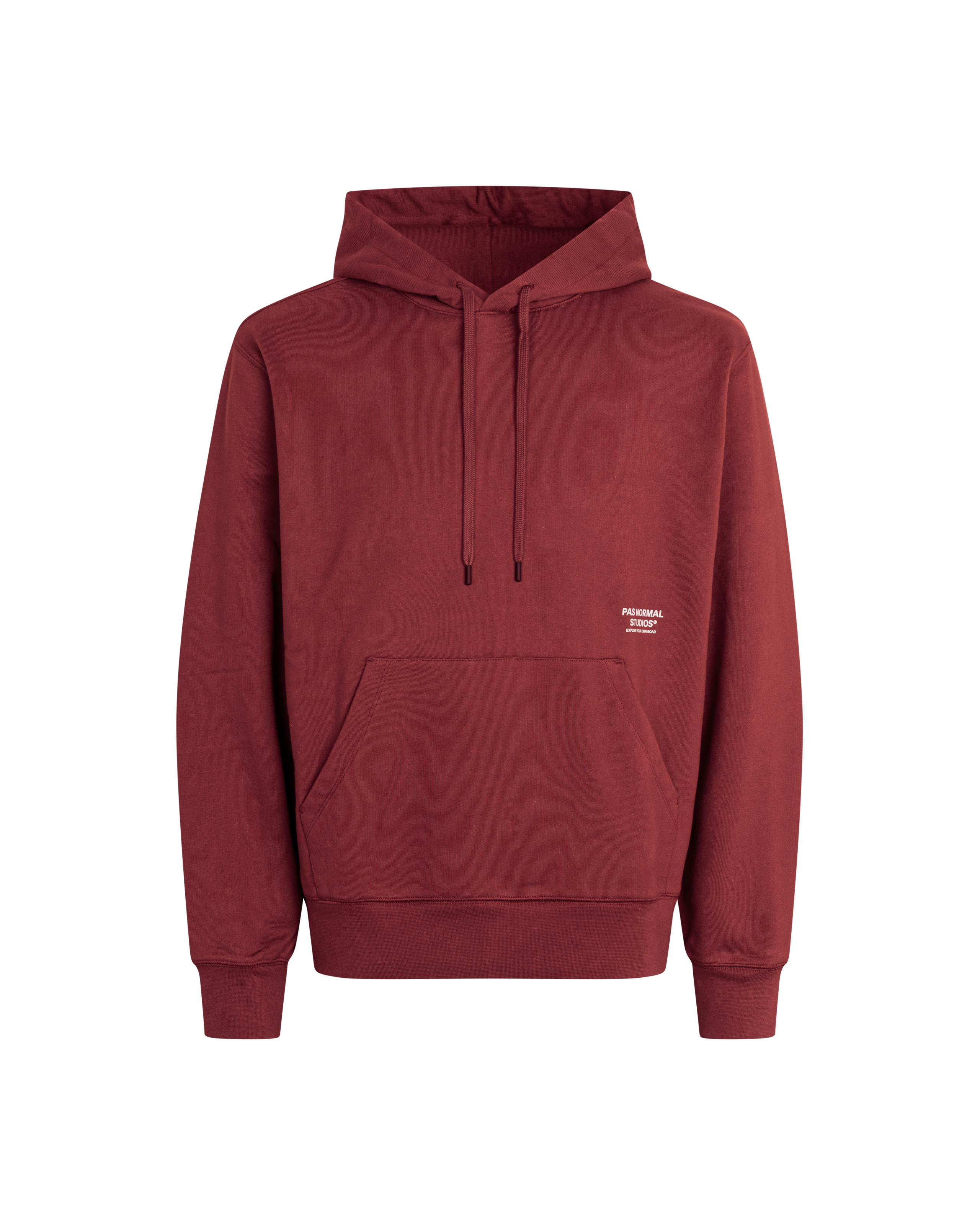 Maroon Off-Race Graphic hoodie, front view with kangaroo pocket and white chest logo