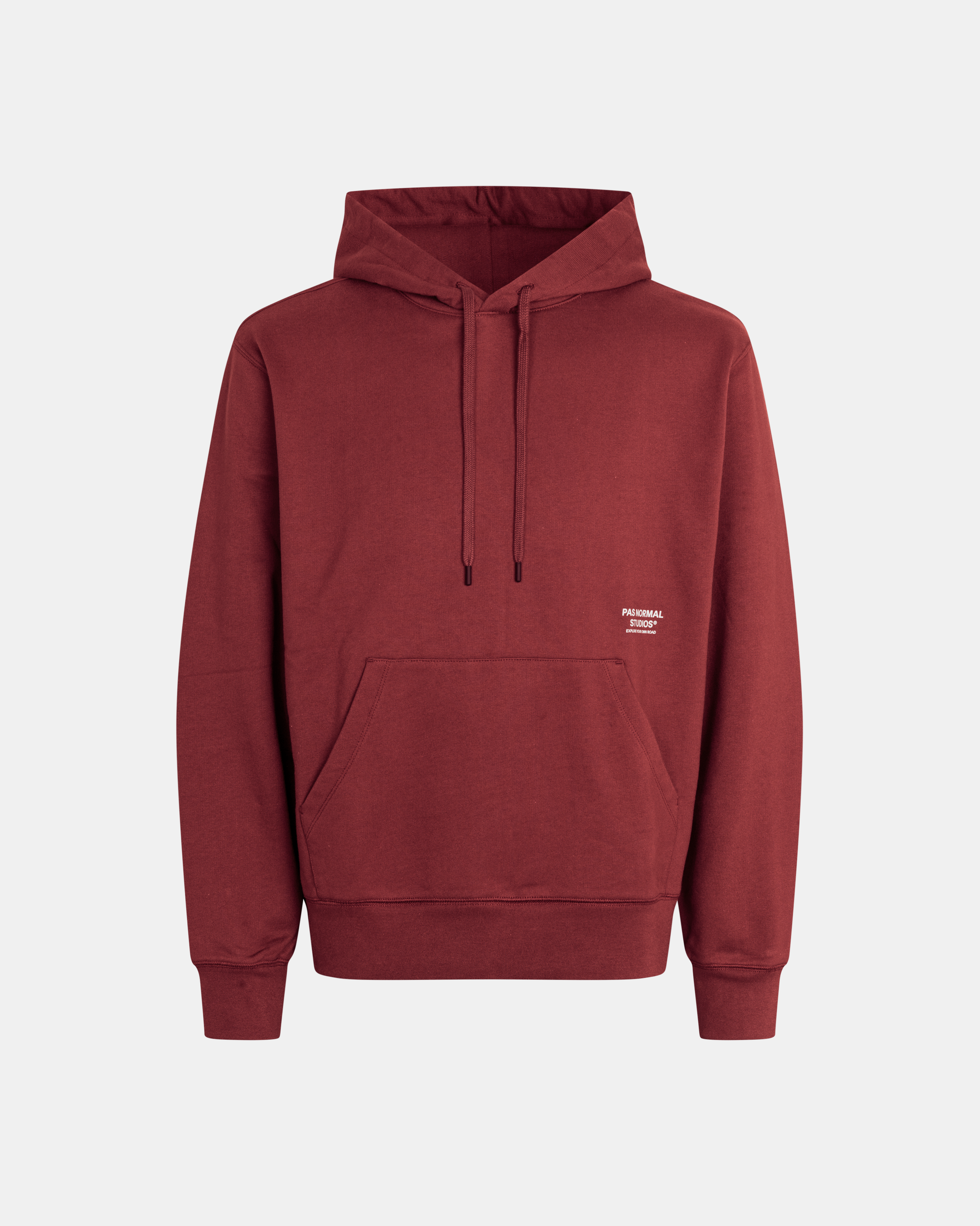 Maroon Off-Race Graphic hoodie, front view with kangaroo pocket and white chest logo