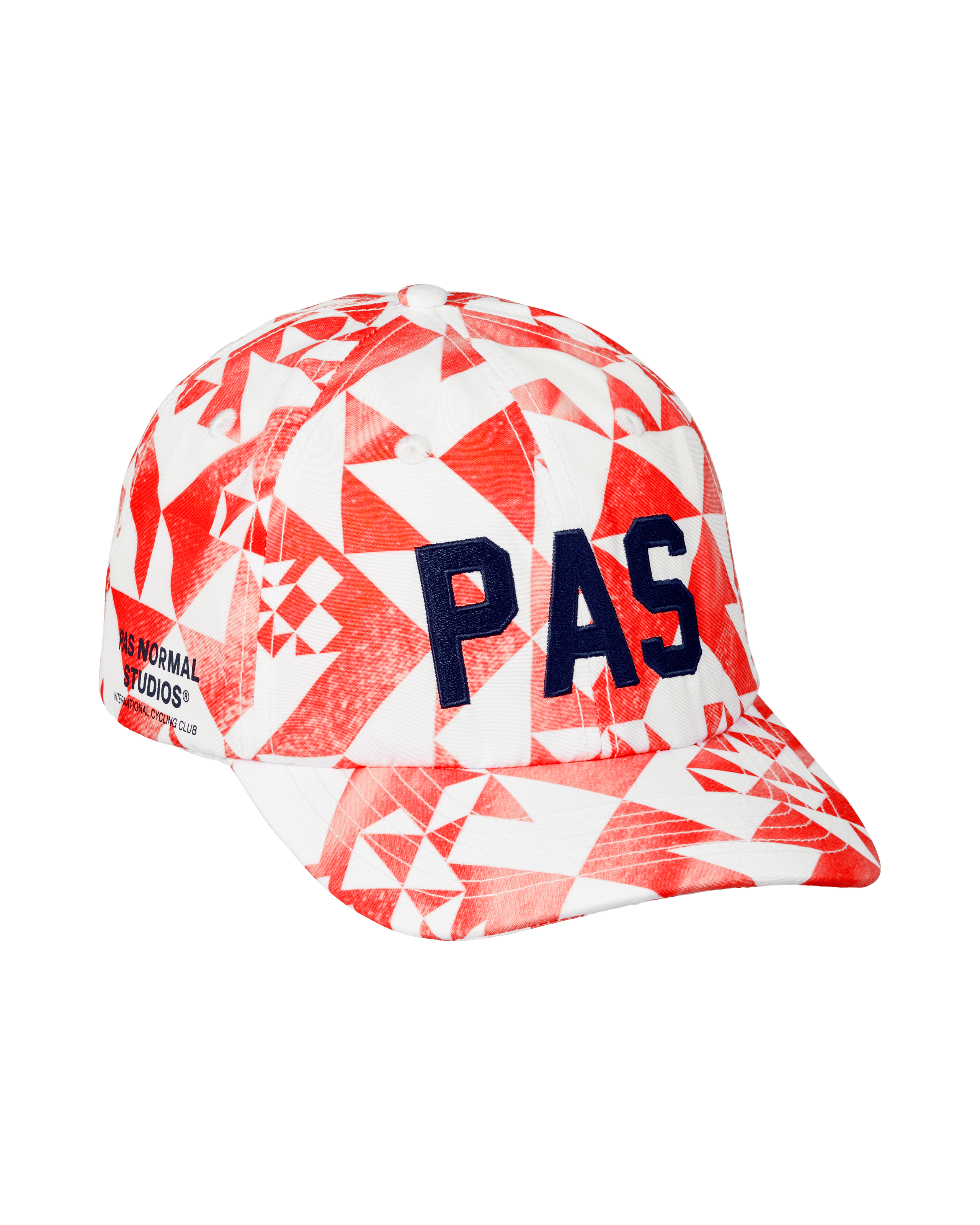 Red PAS Off-Race cap, side view with white geometric pattern and navy PAS lettering
