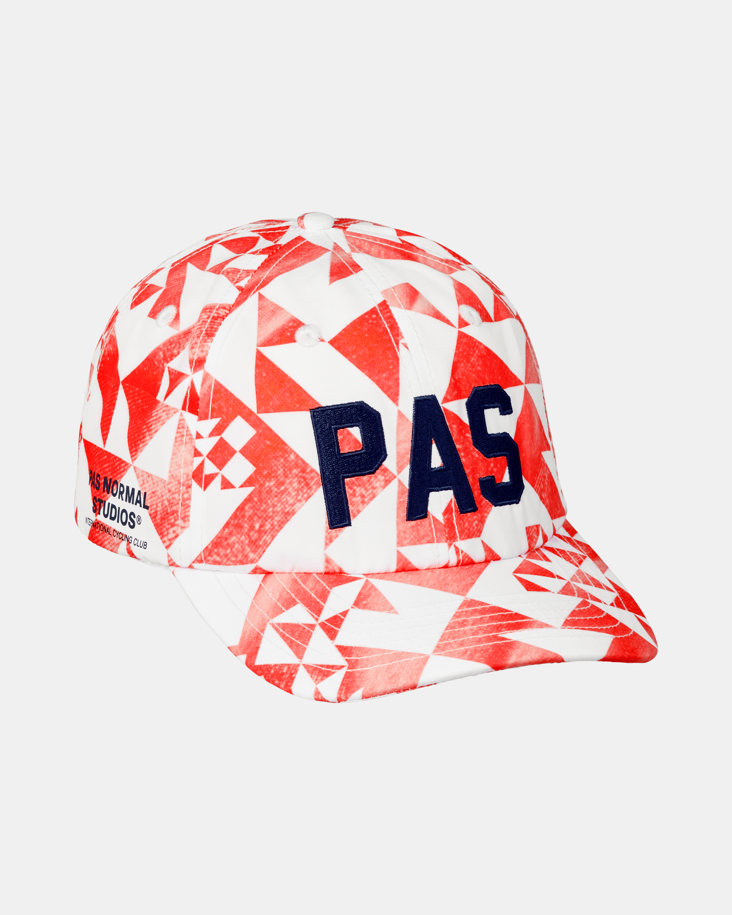 Red PAS Off-Race cap, side view with white geometric pattern and navy PAS lettering