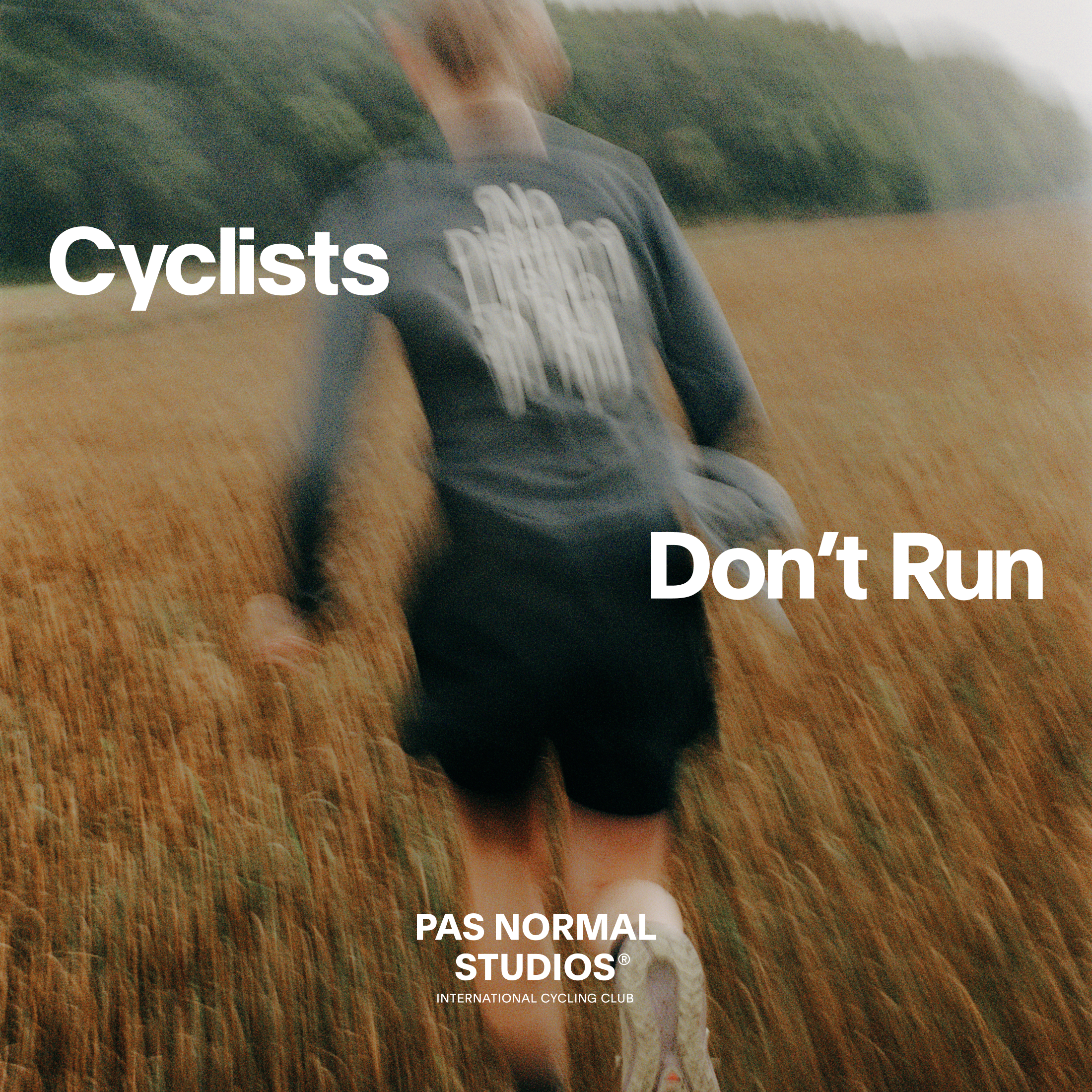 Cyclist in motion wearing dark jersey with chest graphic in golden field