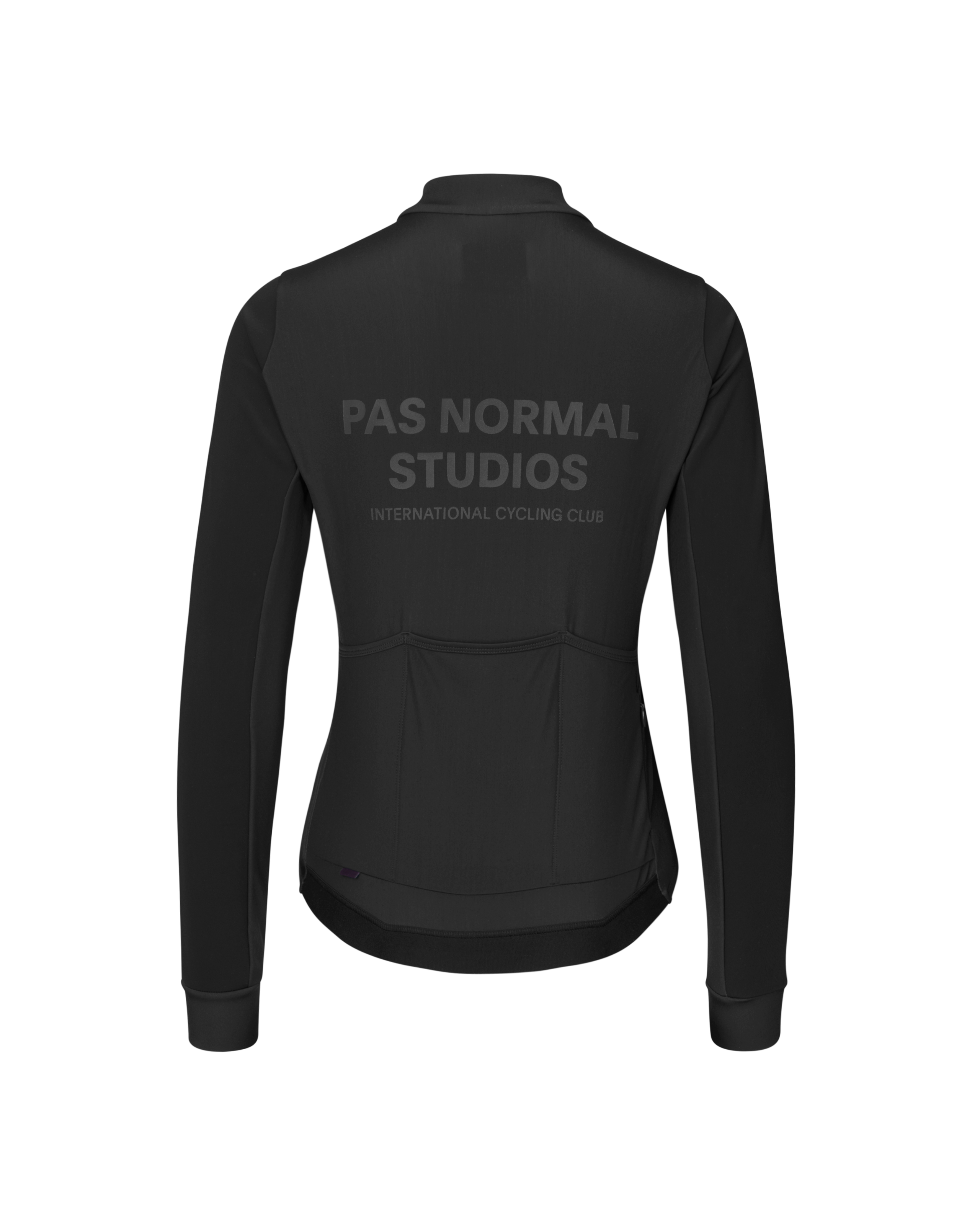 Black Mechanism Thermal long sleeve cycling jersey, rear flat lay with grey back print and rear pockets