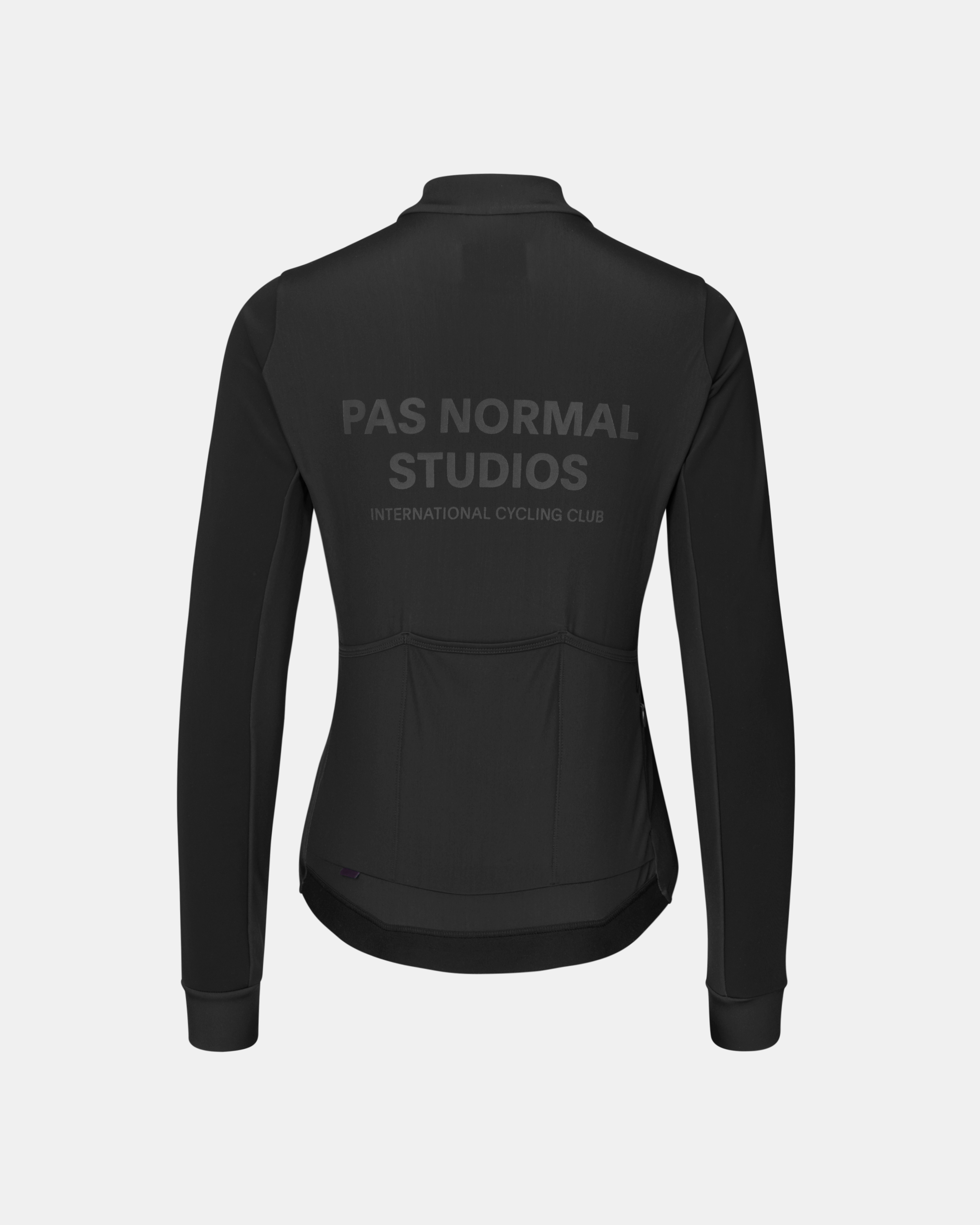 Black Mechanism Thermal long sleeve cycling jersey, rear flat lay with grey back print and rear pockets