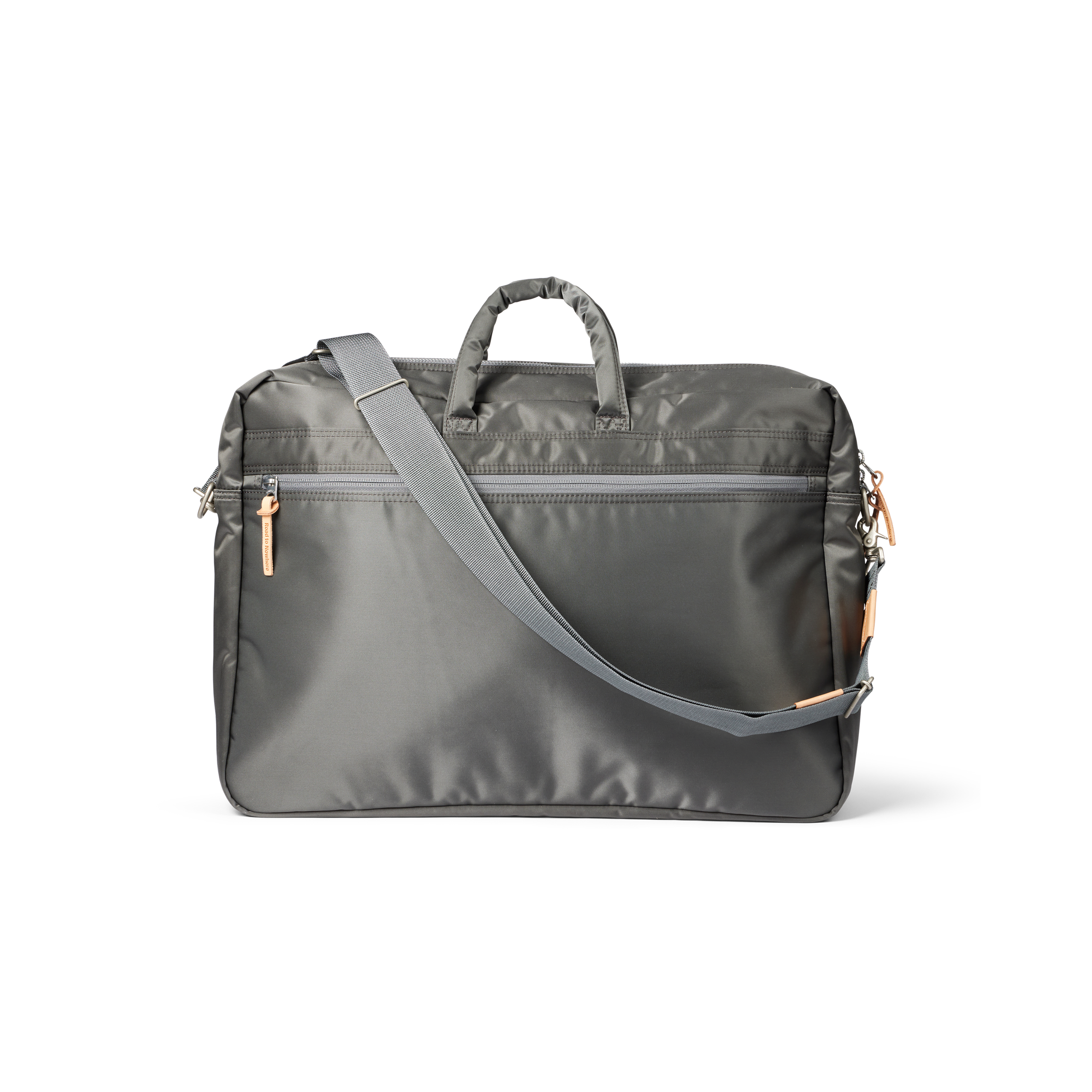 Grey Porter-Yoshida 2-Way briefcase, front view with shoulder strap and orange zip pulls