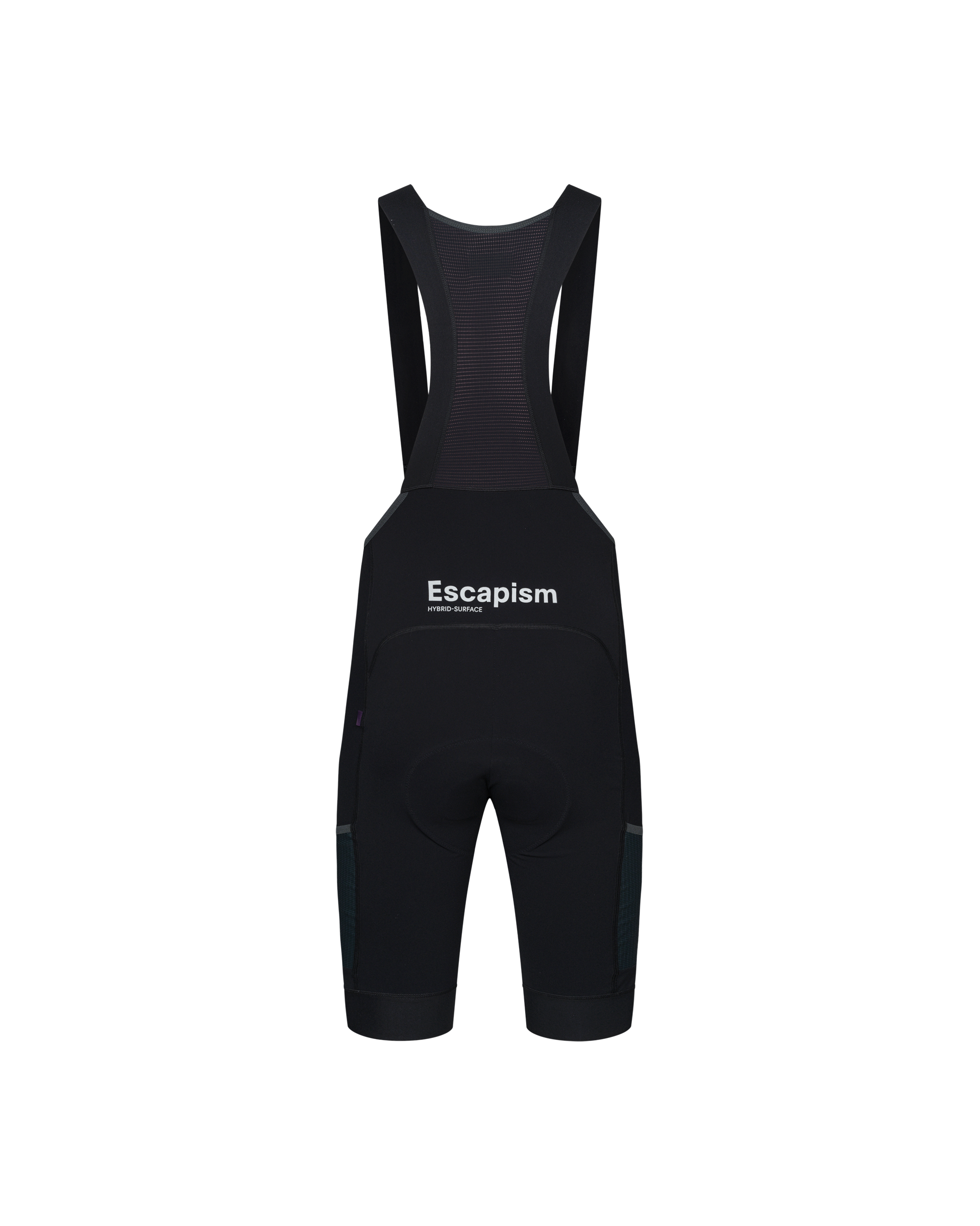 Black Escapism cycling bibs, front flat lay with white chest logo and cargo pockets
