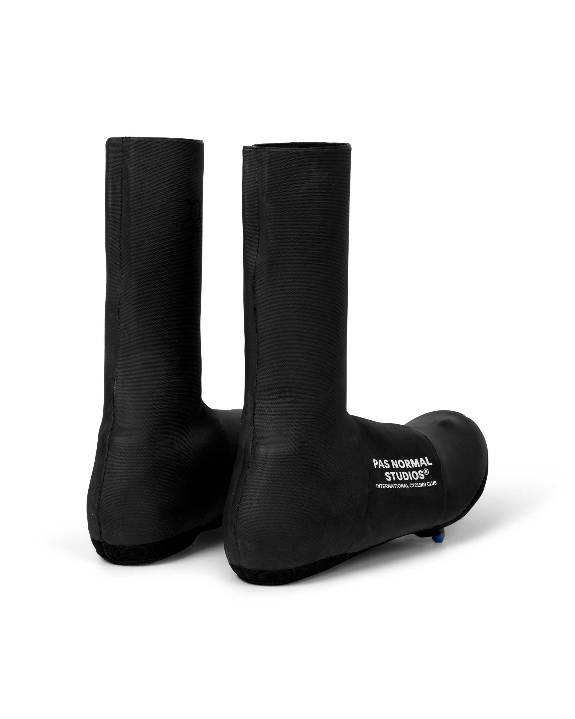 Black Logo Heavy cycling overshoes, rear three-quarter pair view with white logo print on toe