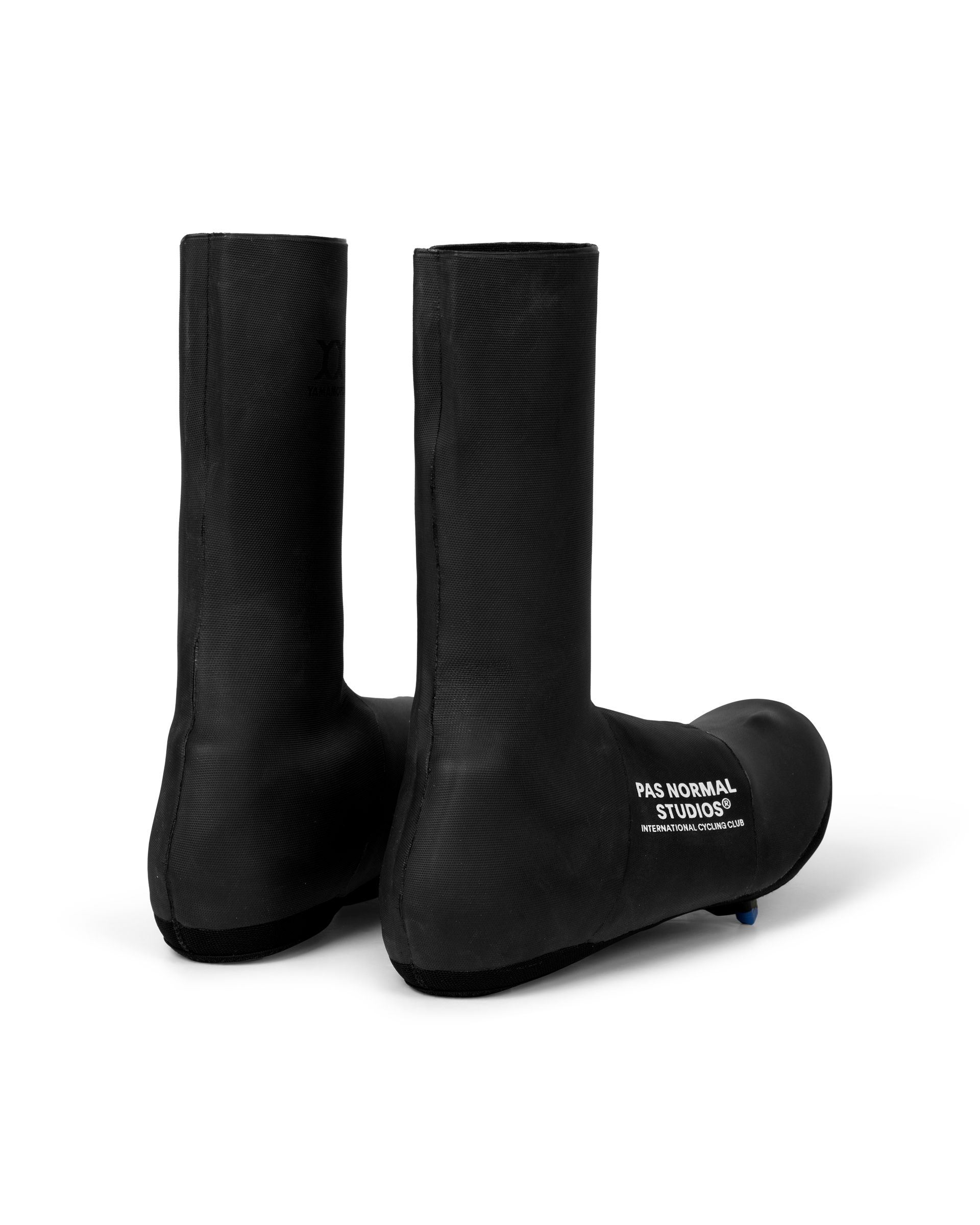 Black Logo Heavy cycling overshoes, rear three-quarter pair view with white logo print on toe