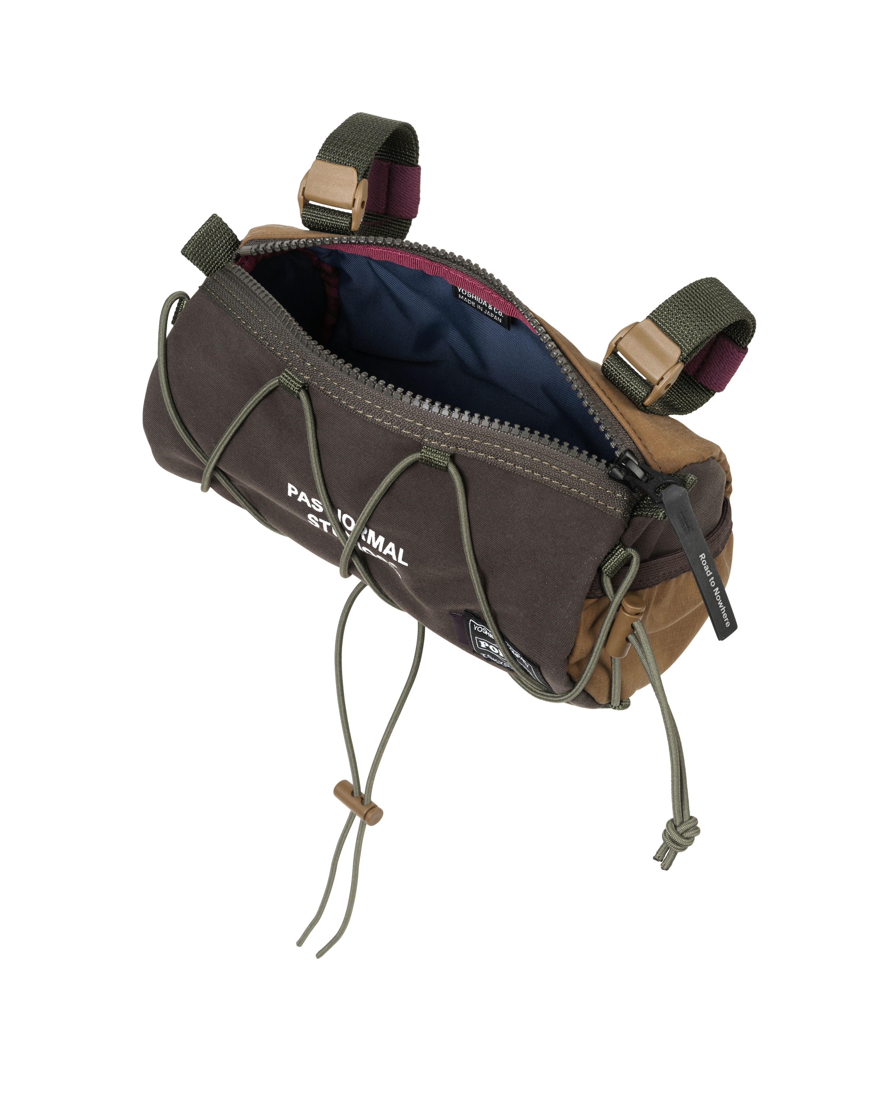 Light Brown Porter-Yoshida handlebar bag, opened three-quarter view with blue interior lining and olive cord bungee system