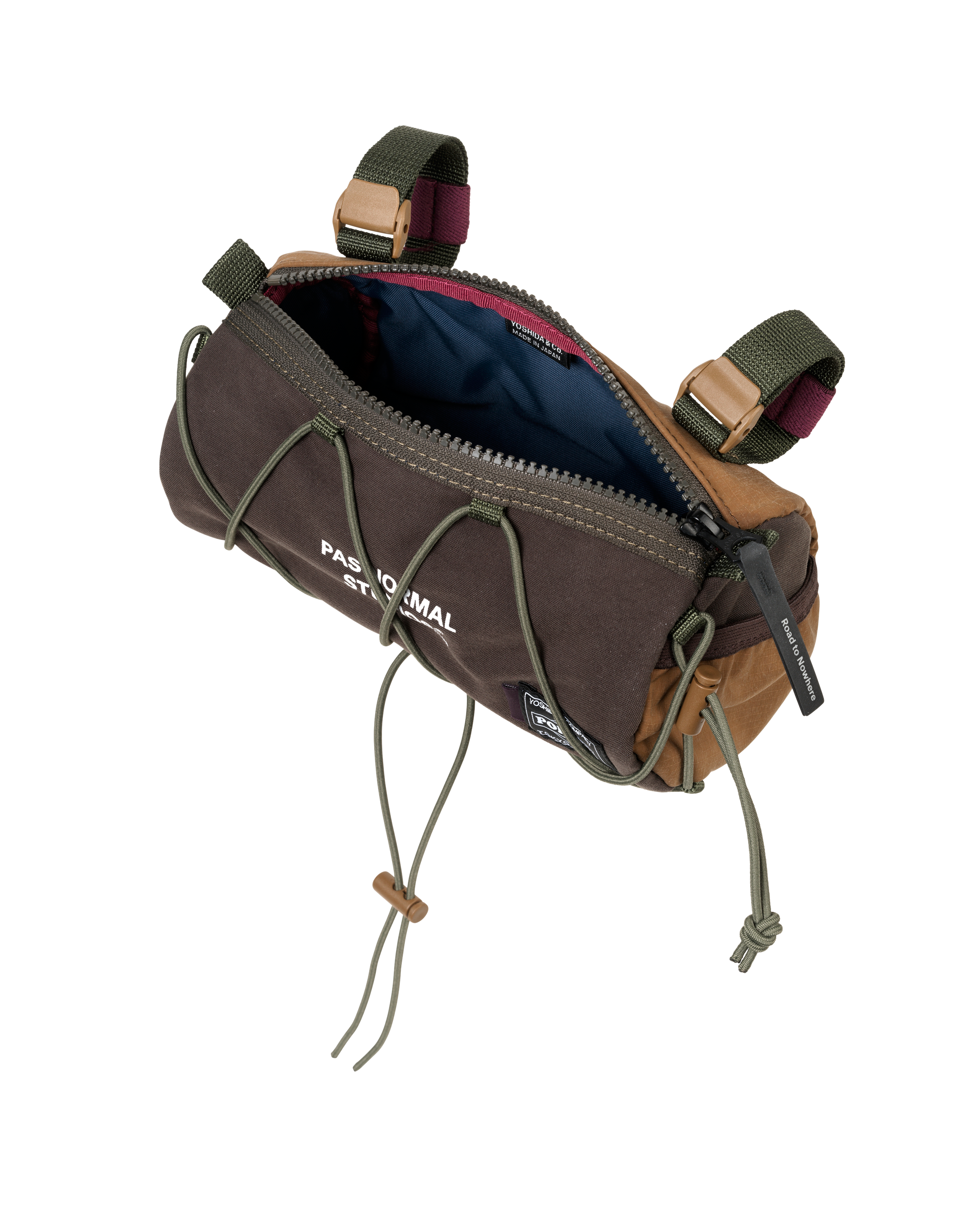 Light Brown Porter-Yoshida handlebar bag, opened three-quarter view with blue interior lining and olive cord bungee system
