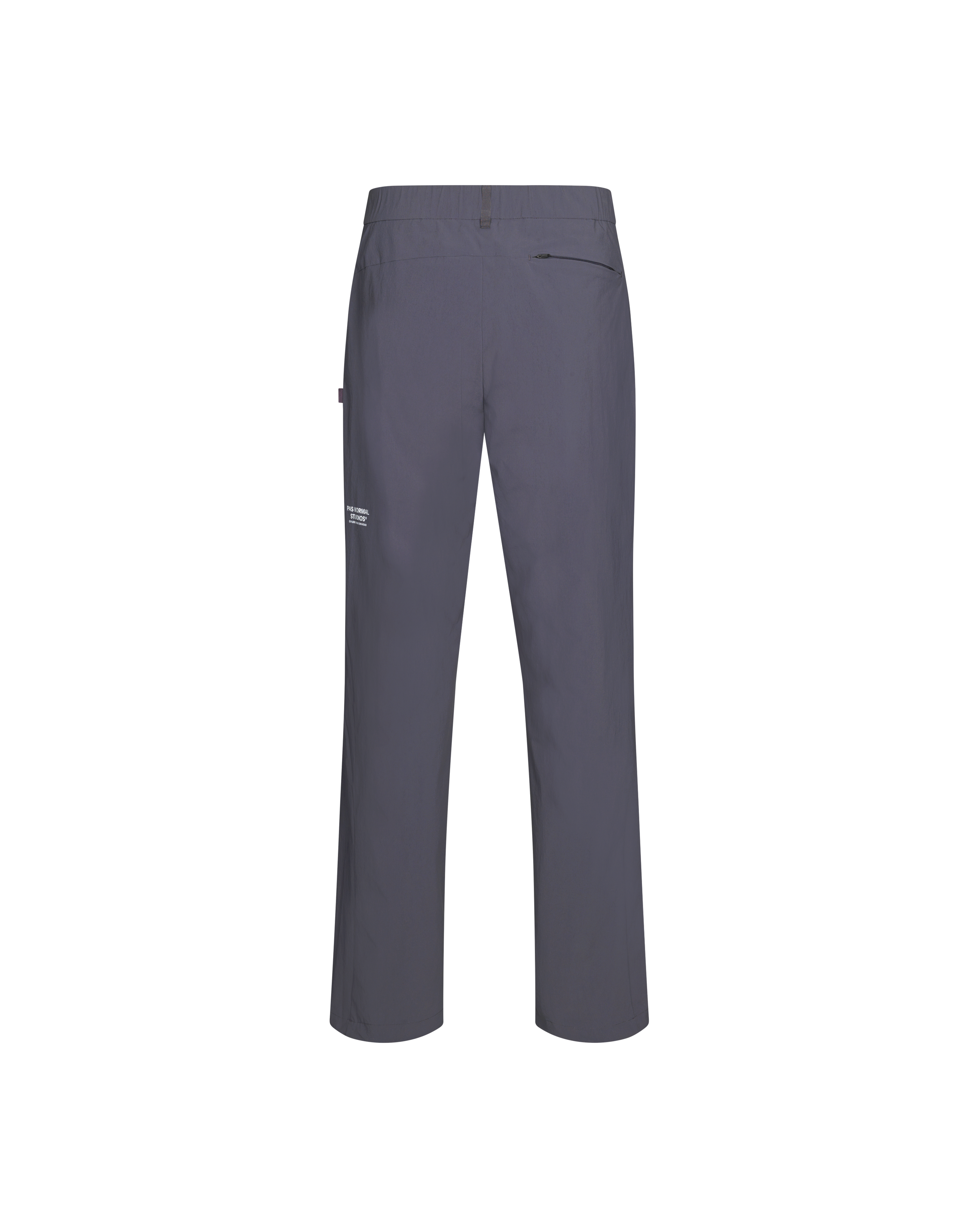 Grey Off-Race Tech pants, rear flat lay with zip pocket and elastic waistband