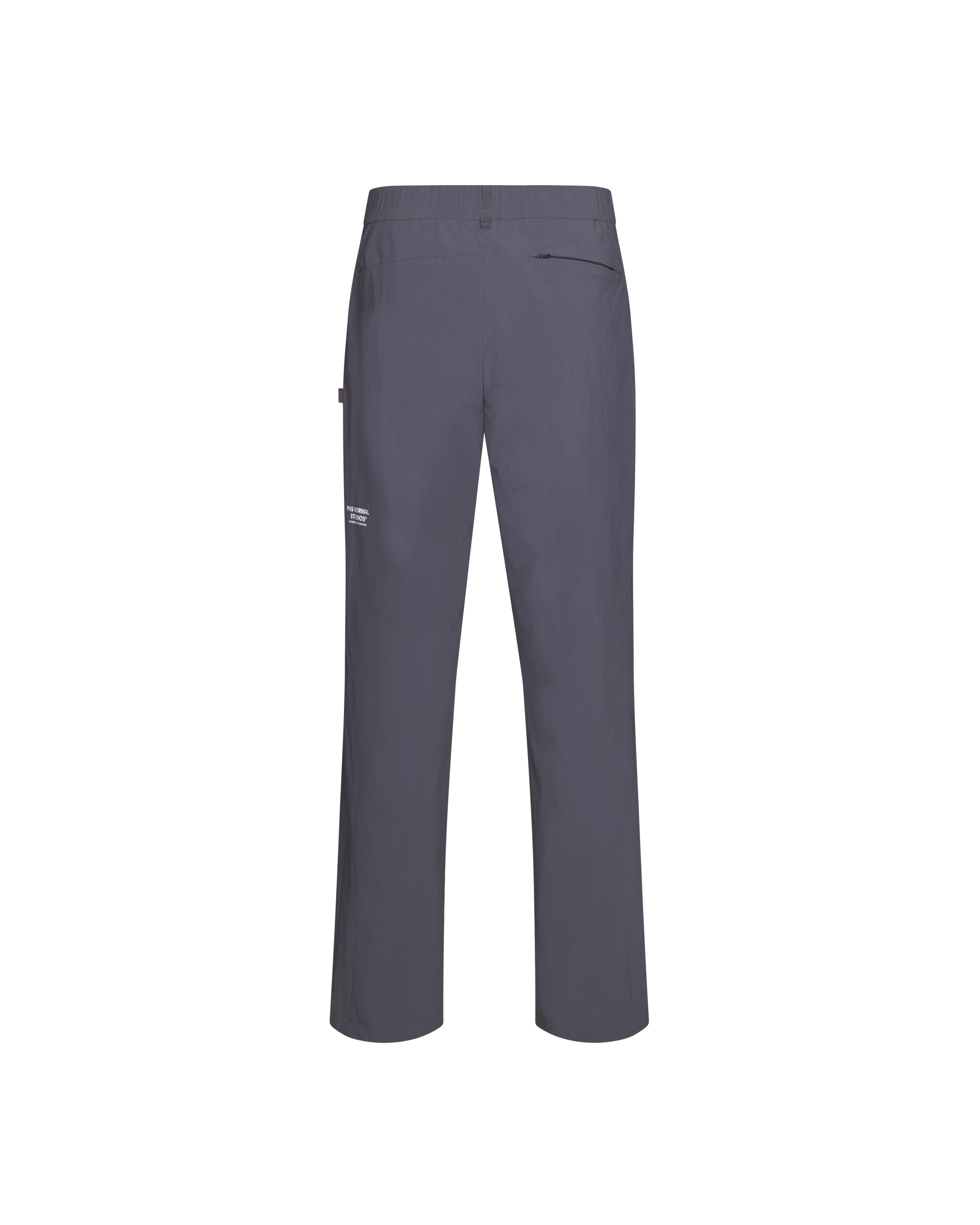 Grey Off-Race Tech pants, rear flat lay with zip pocket and elastic waistband