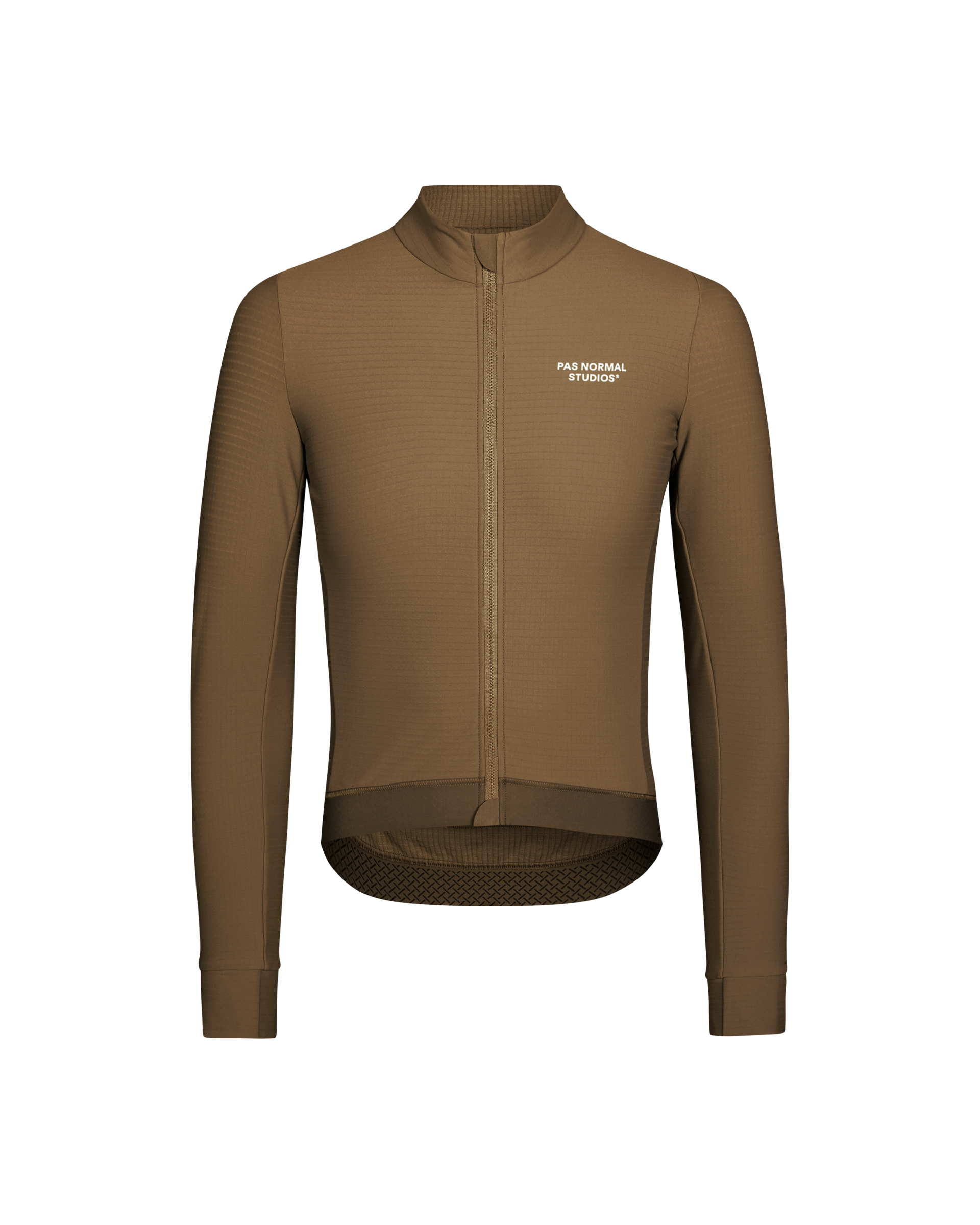 Brown Essential long sleeve cycling jersey, front view with white chest logo and ribbed collar