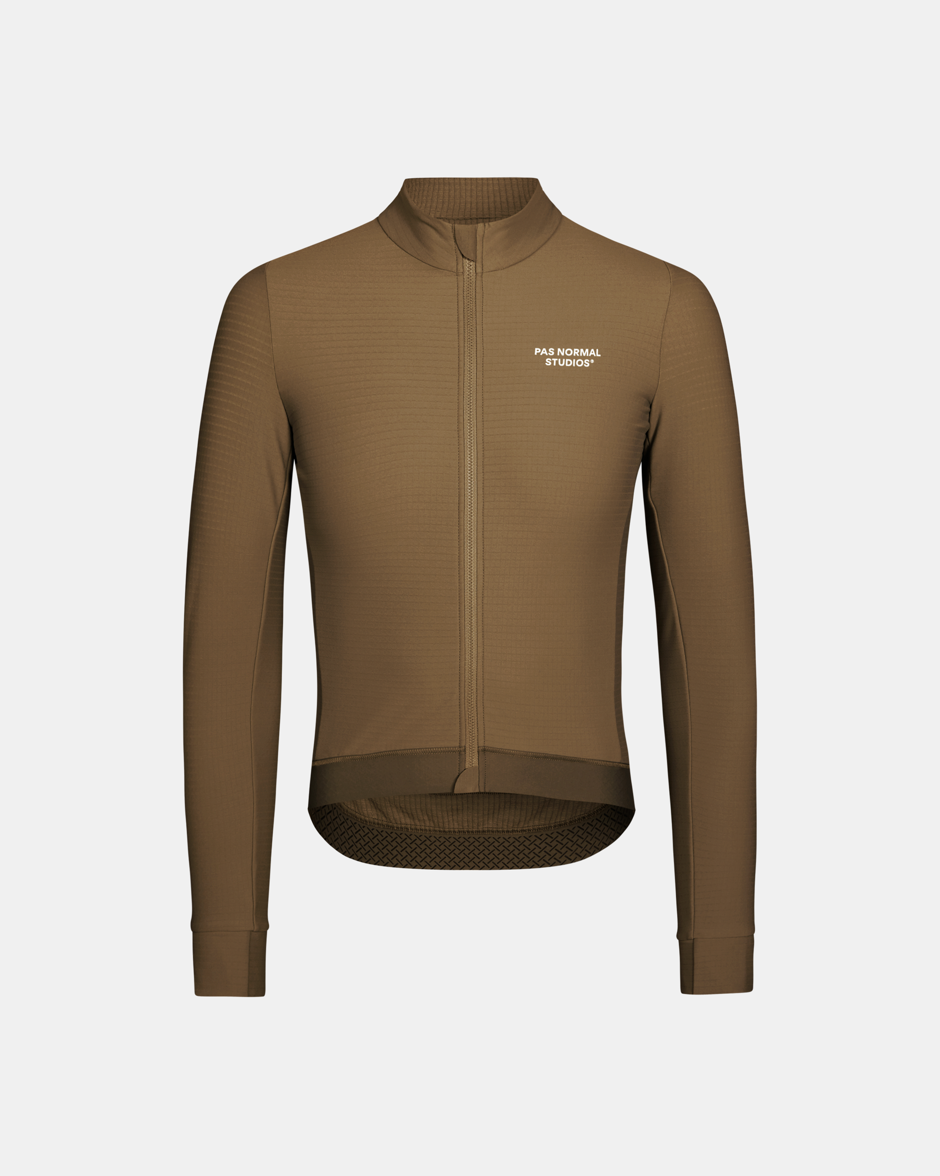 Brown Essential long sleeve cycling jersey, front view with white chest logo and ribbed collar