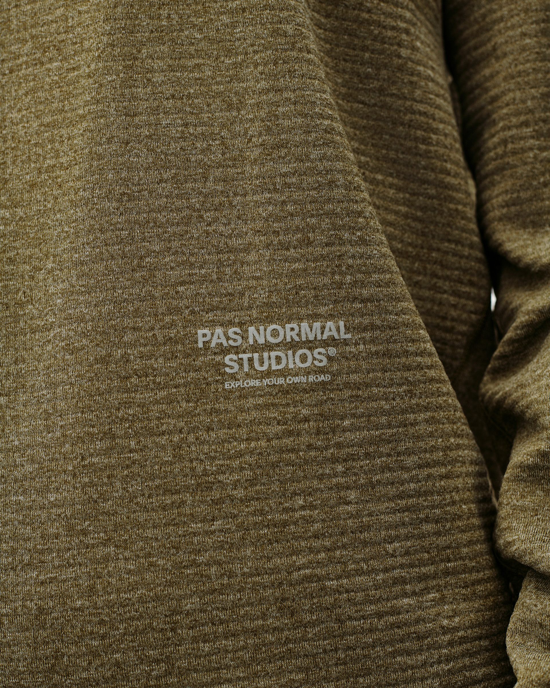 Moss Brown Balance Thermal Hoodie, chest detail on model with tonal logo print