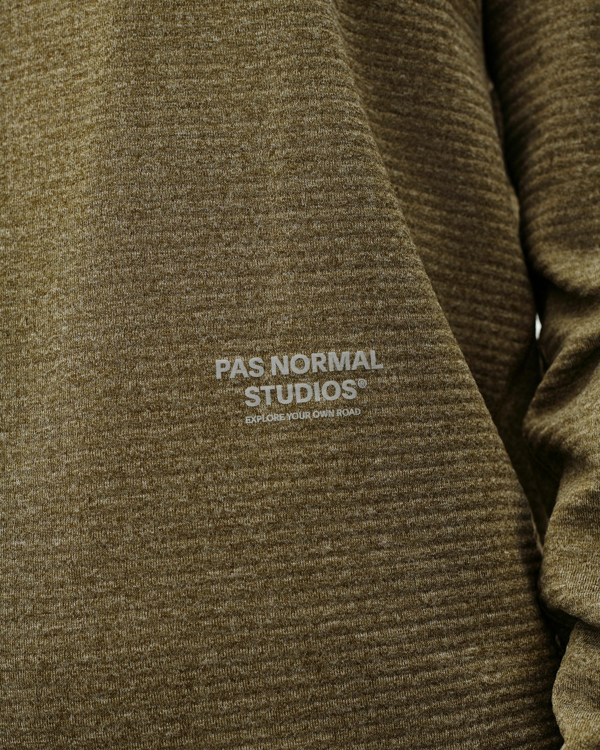 Moss Brown Balance Thermal Hoodie, chest detail on model with tonal logo print