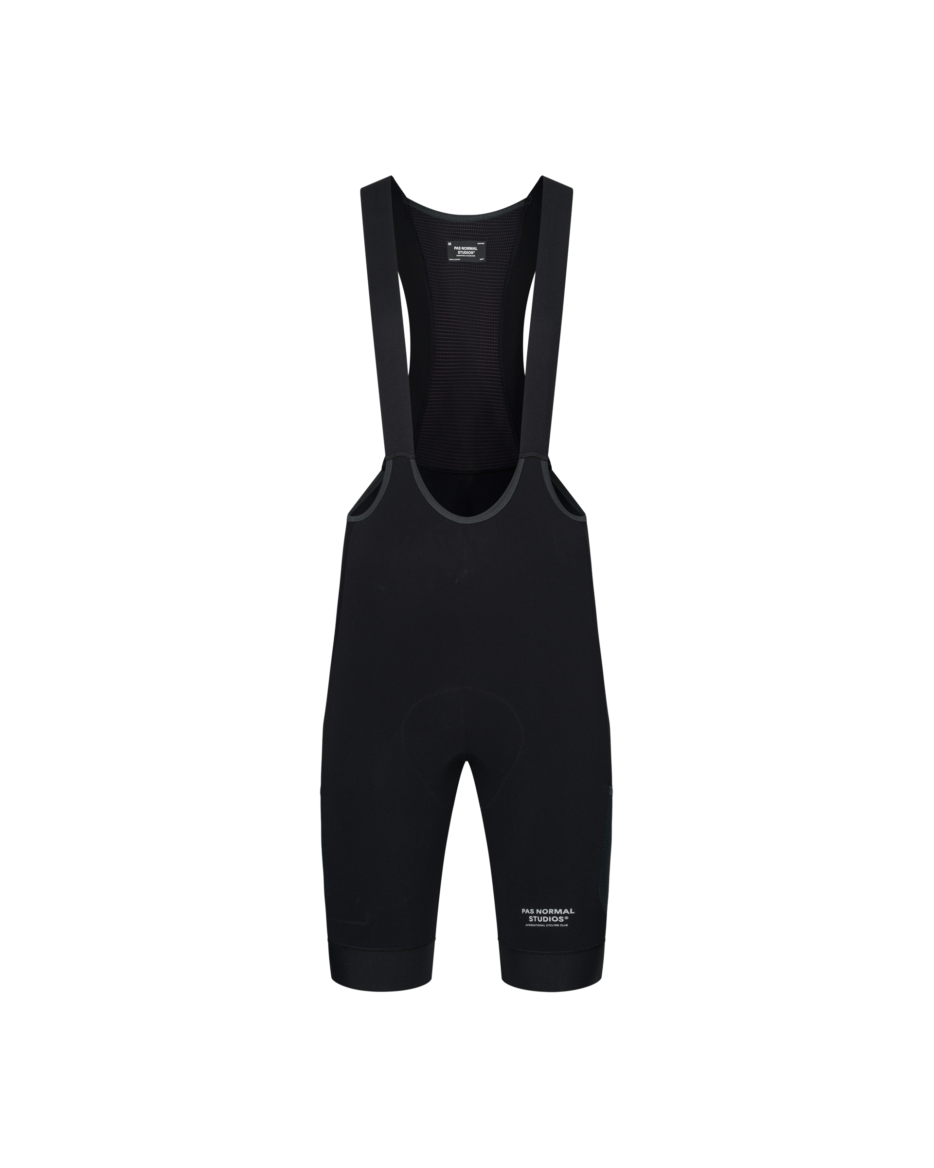 Black Escapism Cargo cycling bibs, front flat lay with mesh bib panel and cargo pockets