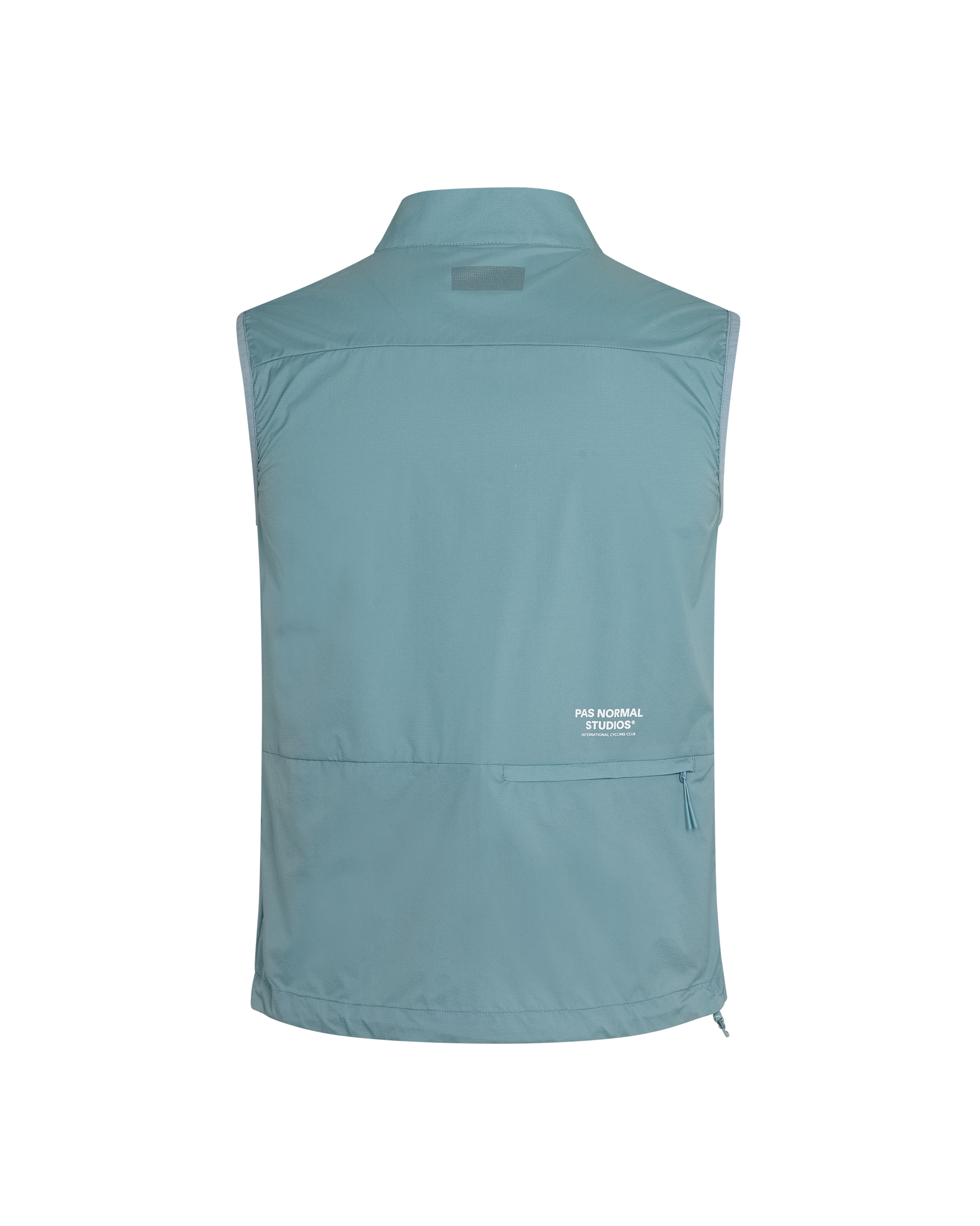 Dusty Blue Off-Race Stow Away vest, rear flat lay with zip pocket and white chest print