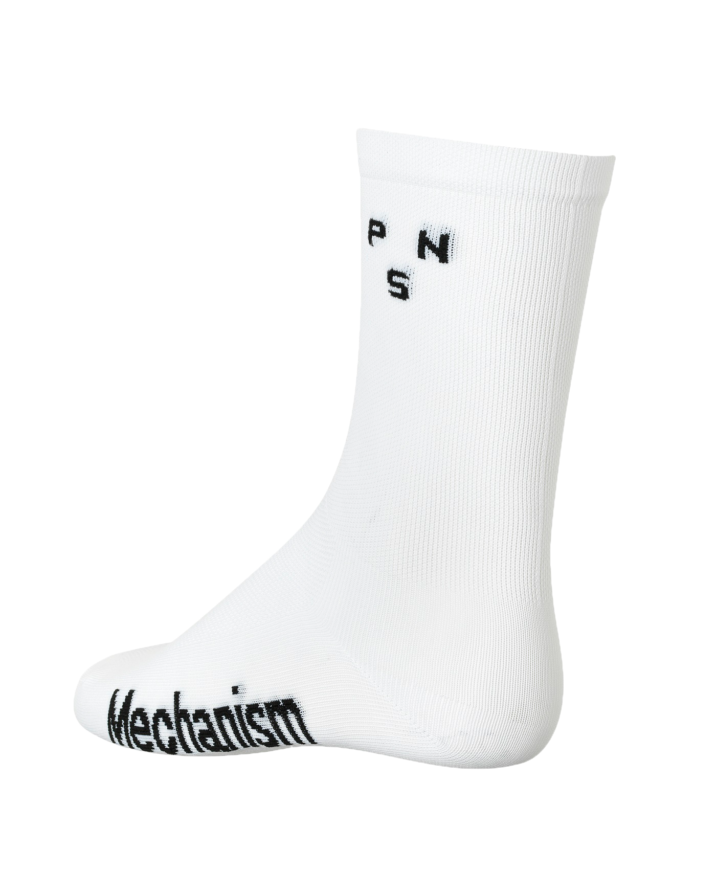 White Mechanism cycling socks, side view with black logo details on cuff and sole