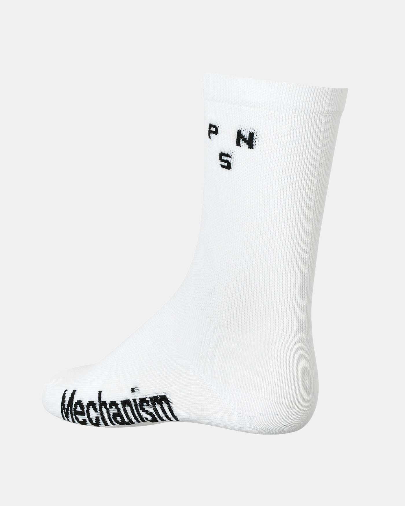 White Mechanism cycling socks, side view with black logo details on cuff and sole