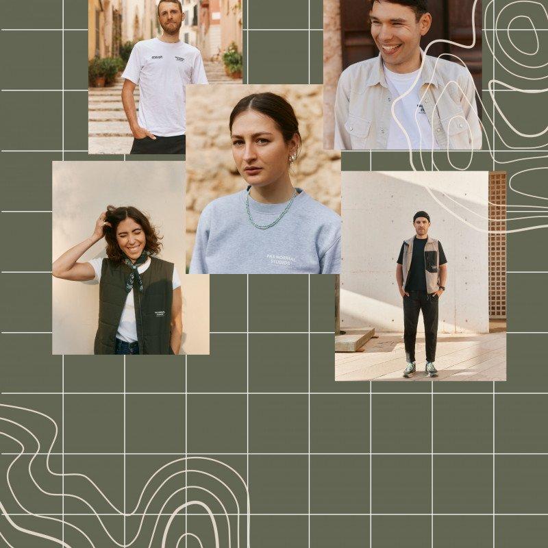 Models wearing casual lifestyle apparel in light colors including white tees, blue sweatshirt, and dark jacket