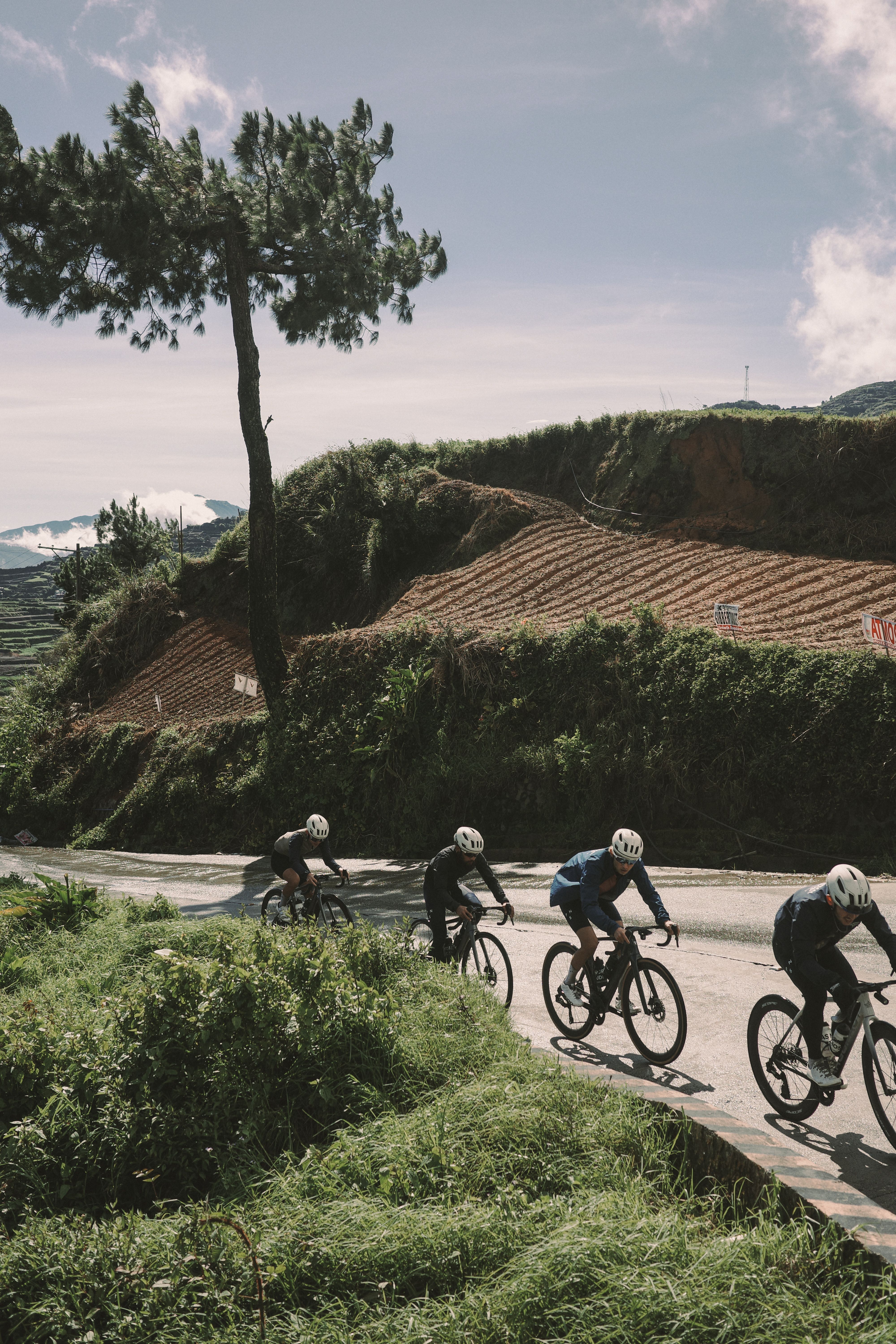 Four cyclists racing on road bikes through rural countryside with terraced hillsides and vegetation