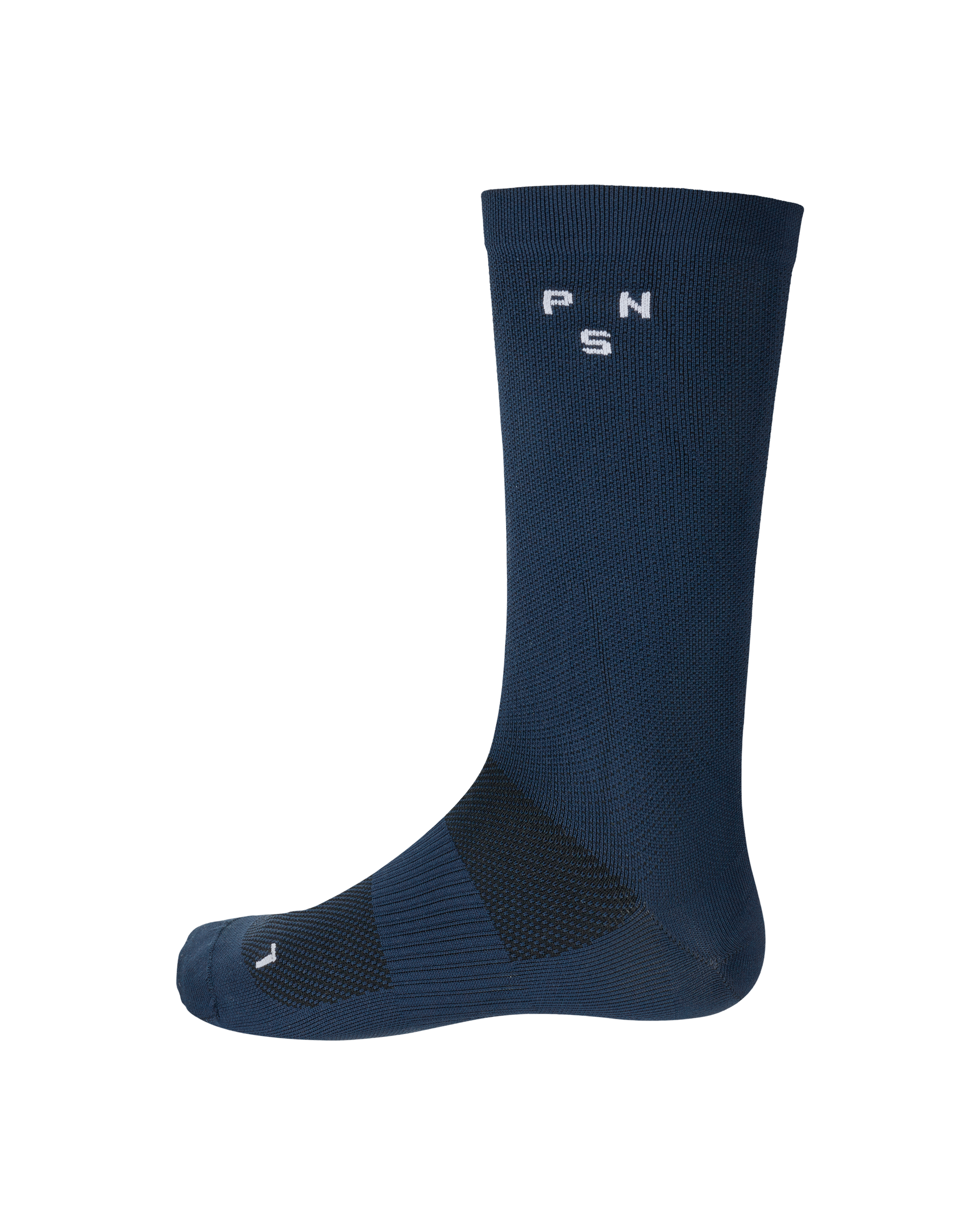 Navy Essential cycling socks, side view with white logo branding
