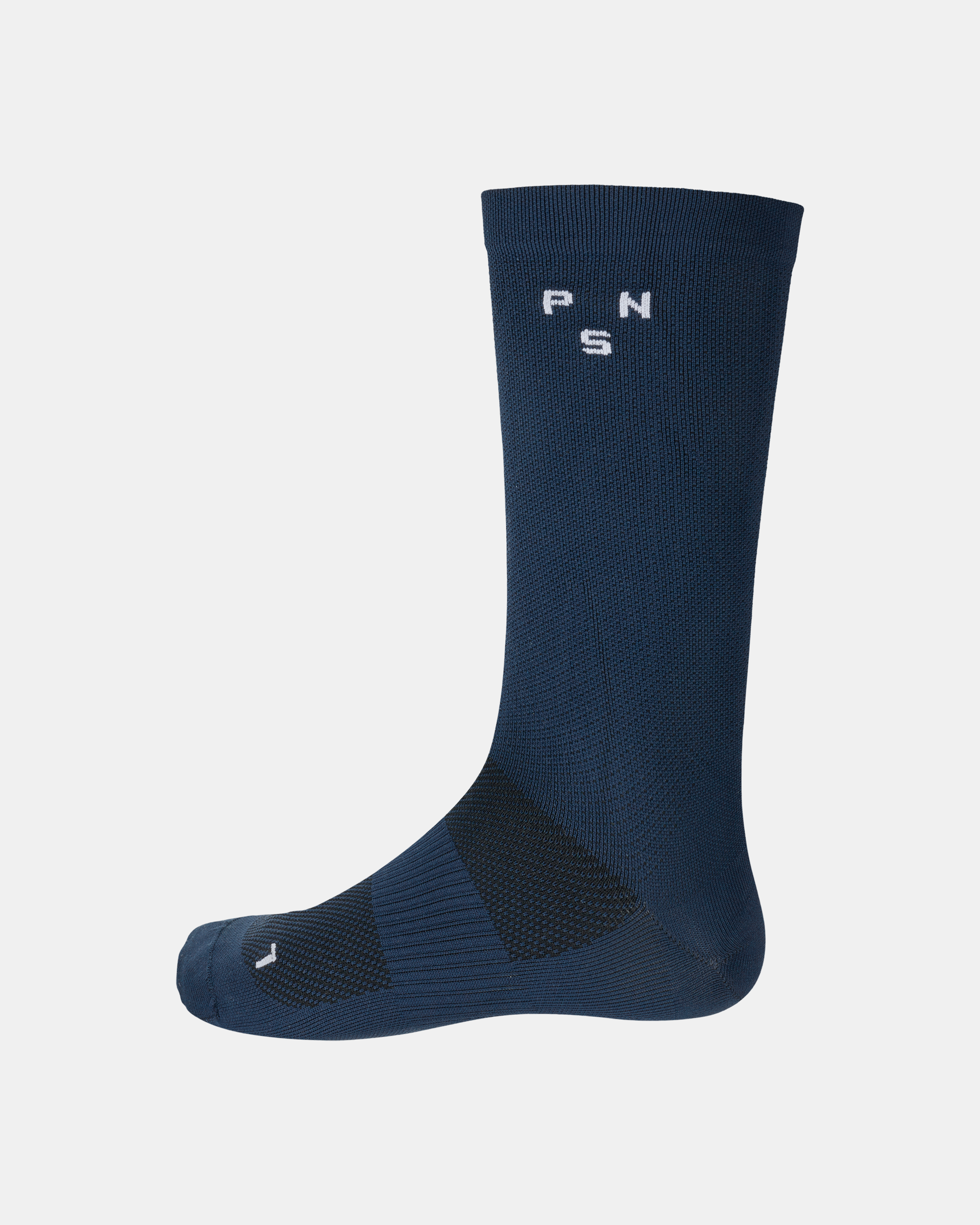 Navy Essential cycling socks, side view with white logo branding