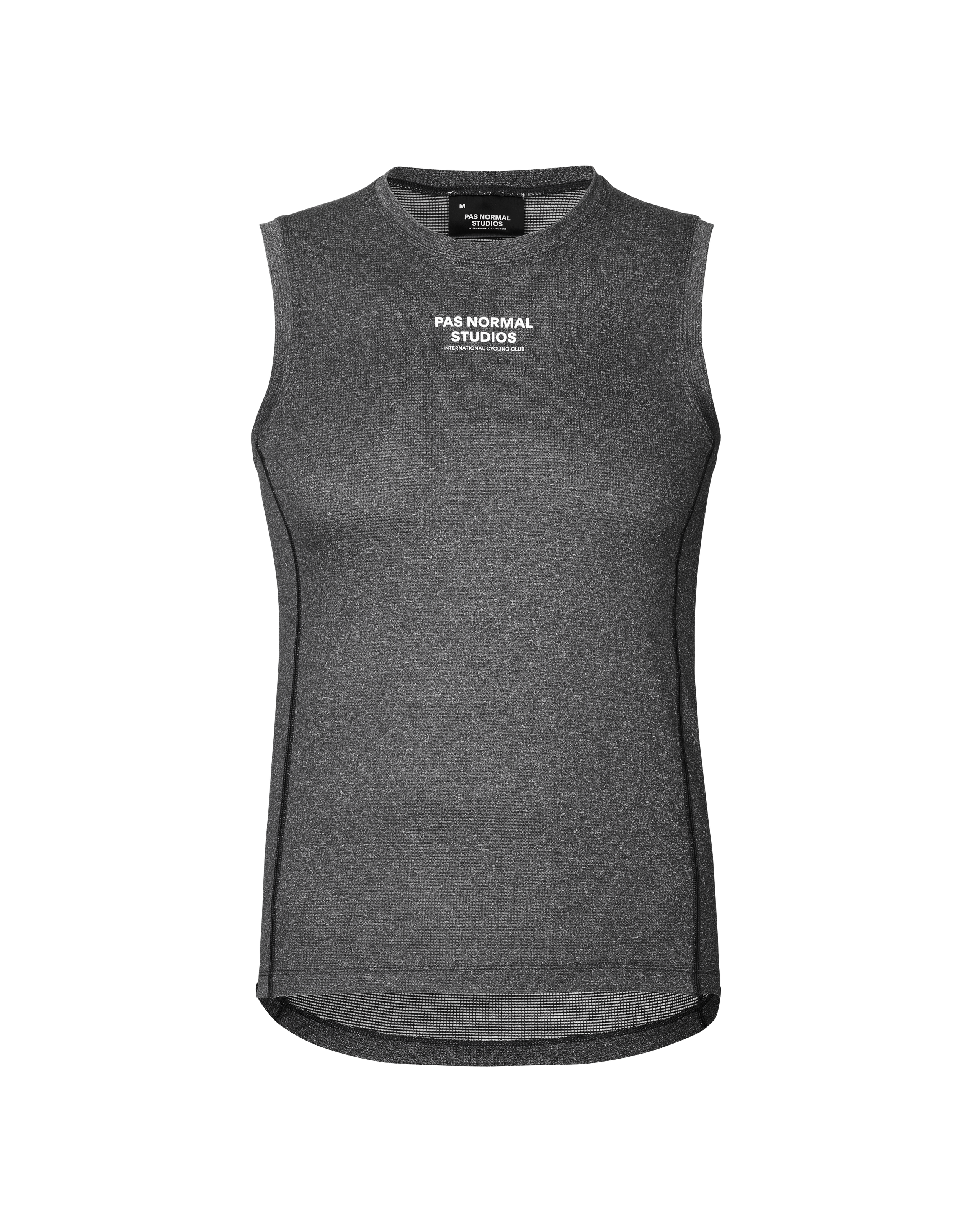 Dark Grey Mid Sleeveless base layer, front view with white chest logo