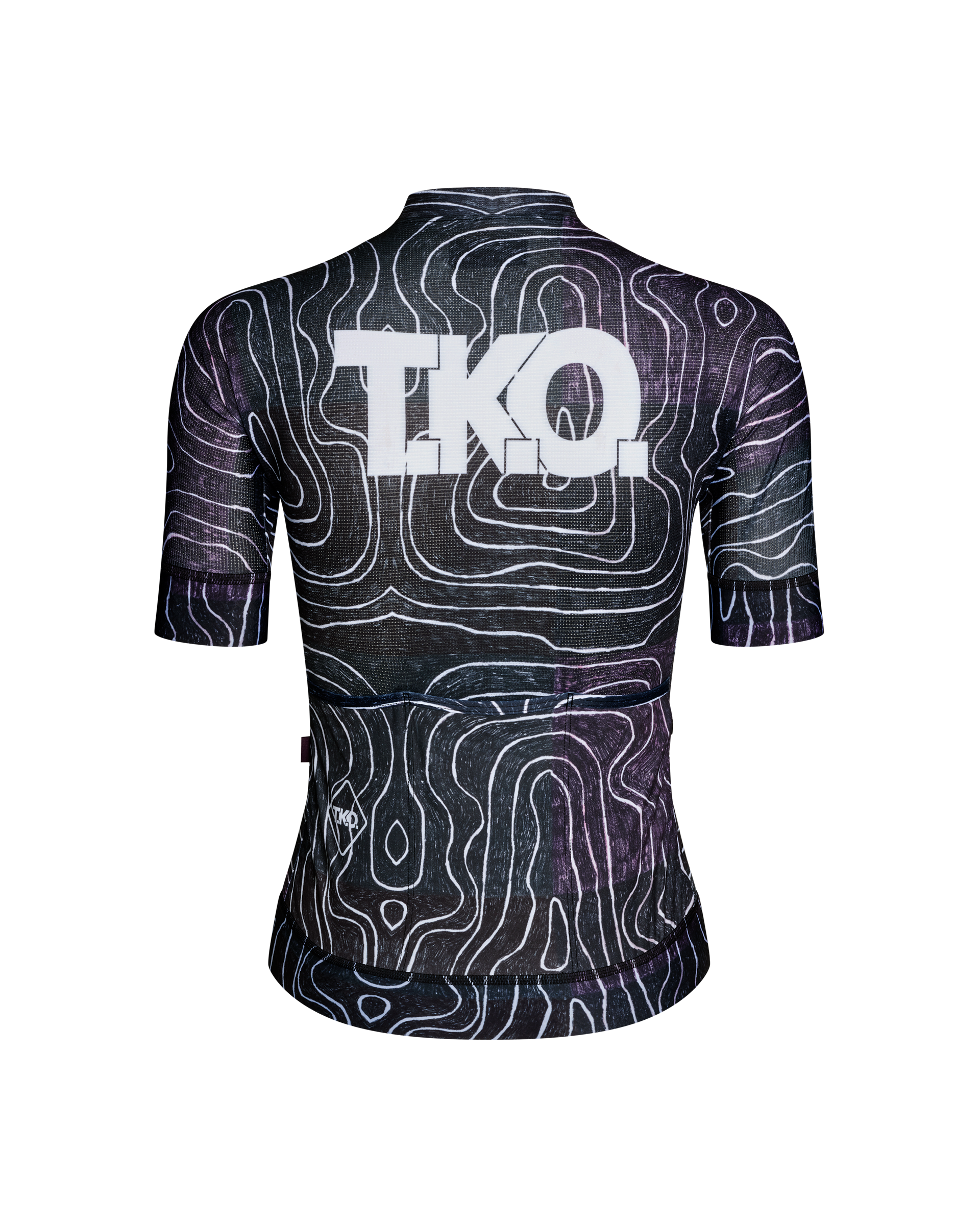 Black Multi T.K.O. Mechanism women's cycling jersey, rear flat lay with topographic allover print and white back logo