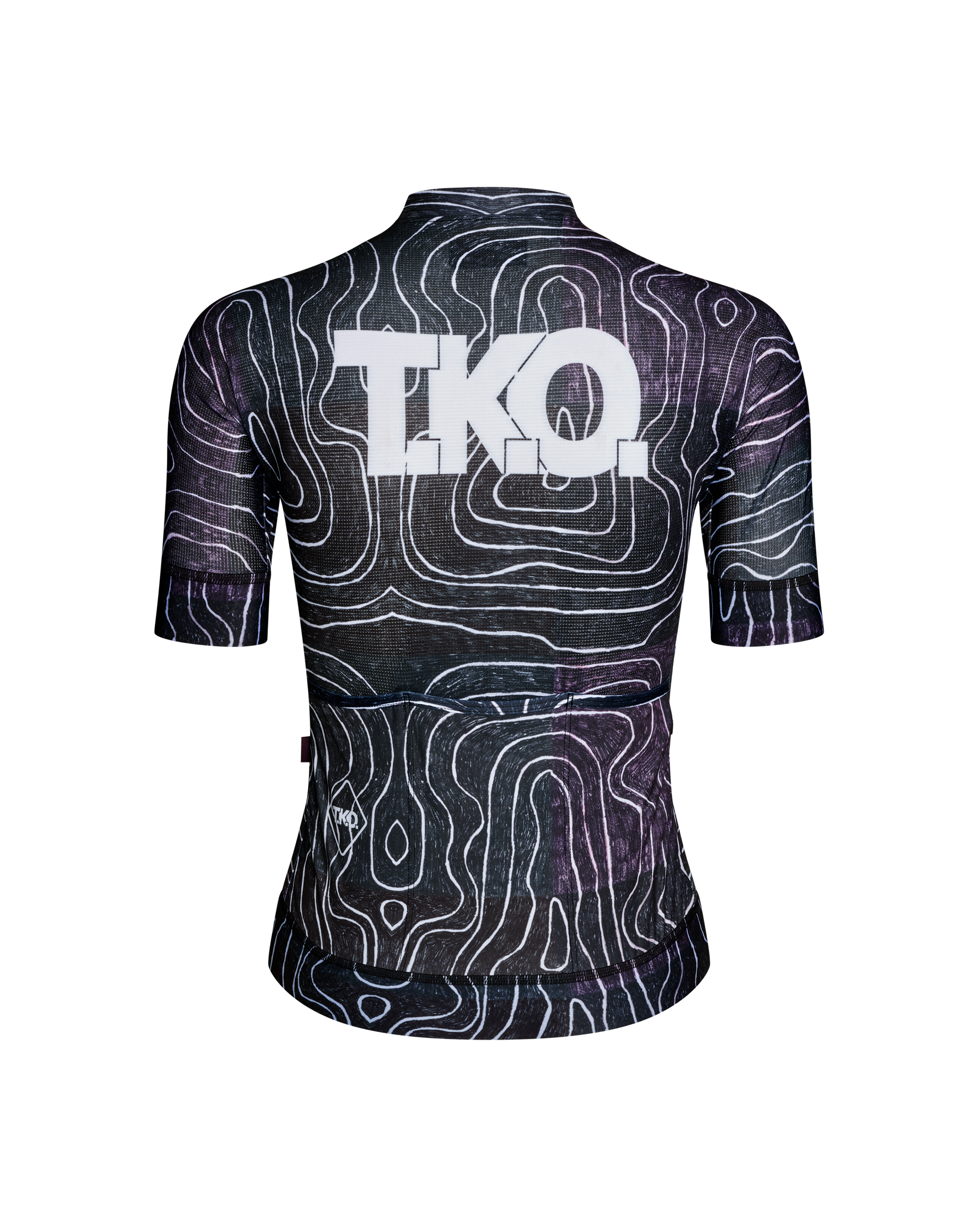 Black Multi T.K.O. Mechanism women's cycling jersey, rear flat lay with topographic allover print and white back logo