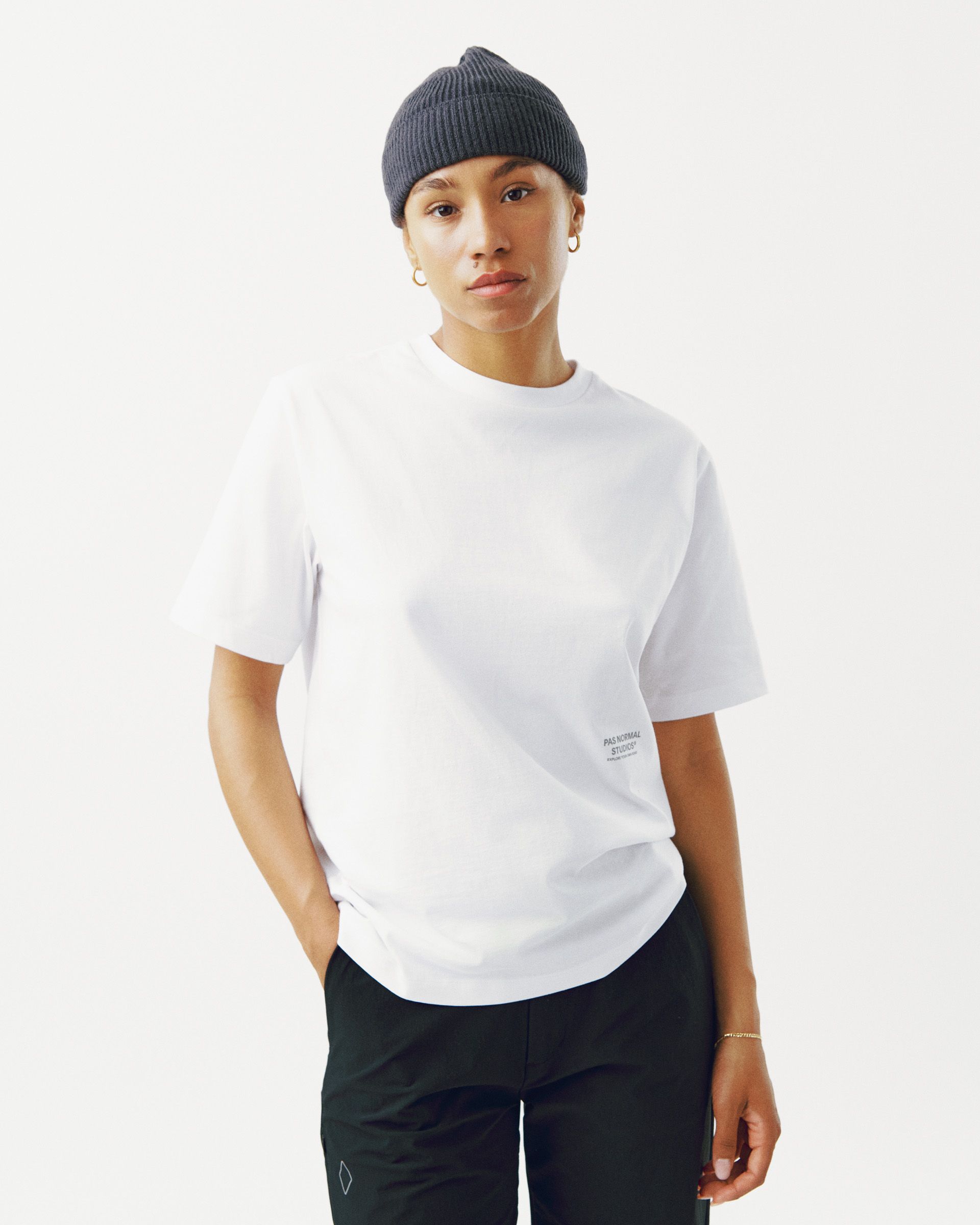 White Off-Race Graphic t-shirt on model with small chest logo
