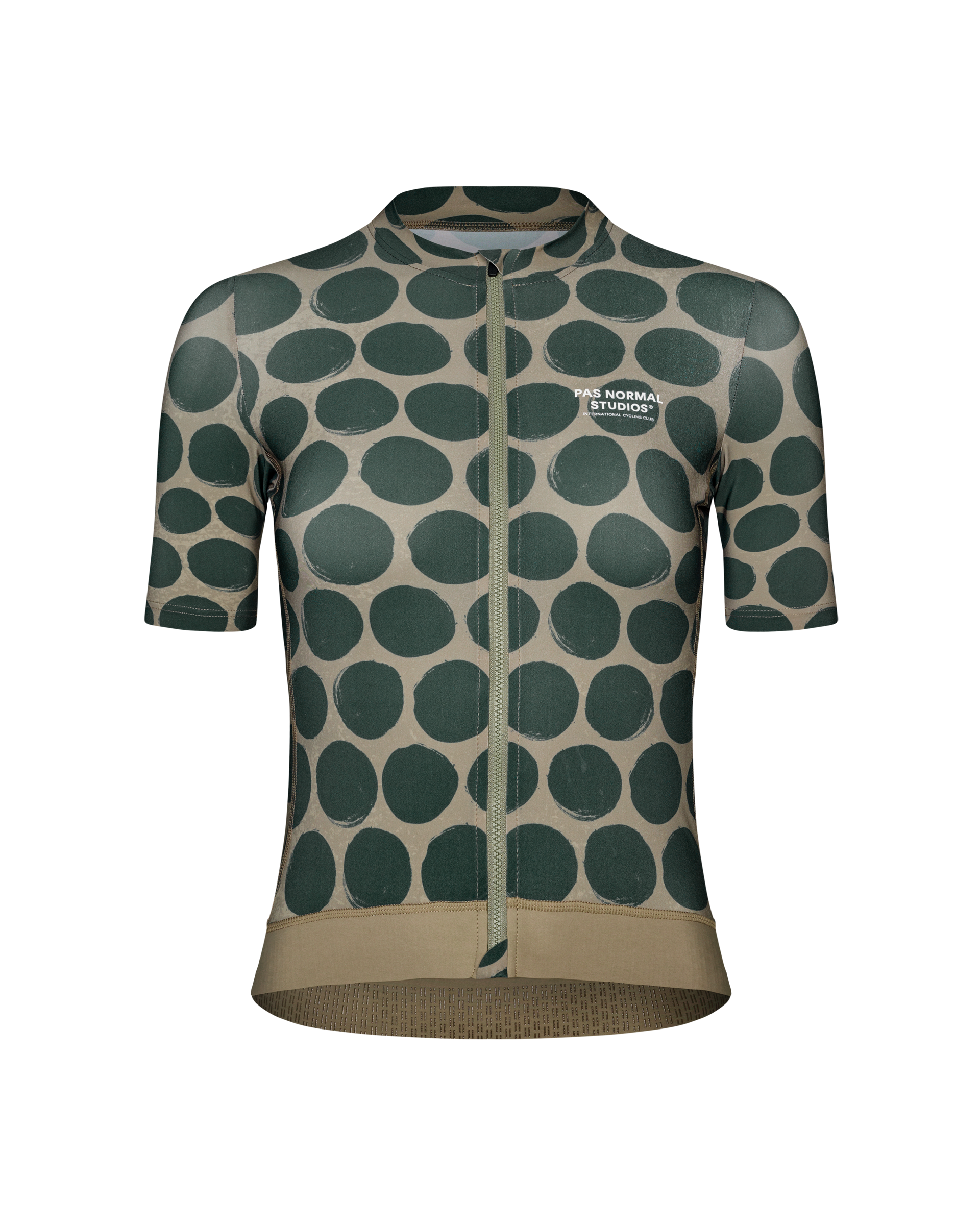 Green Essential cycling jersey, front view with beige dot pattern and full zip