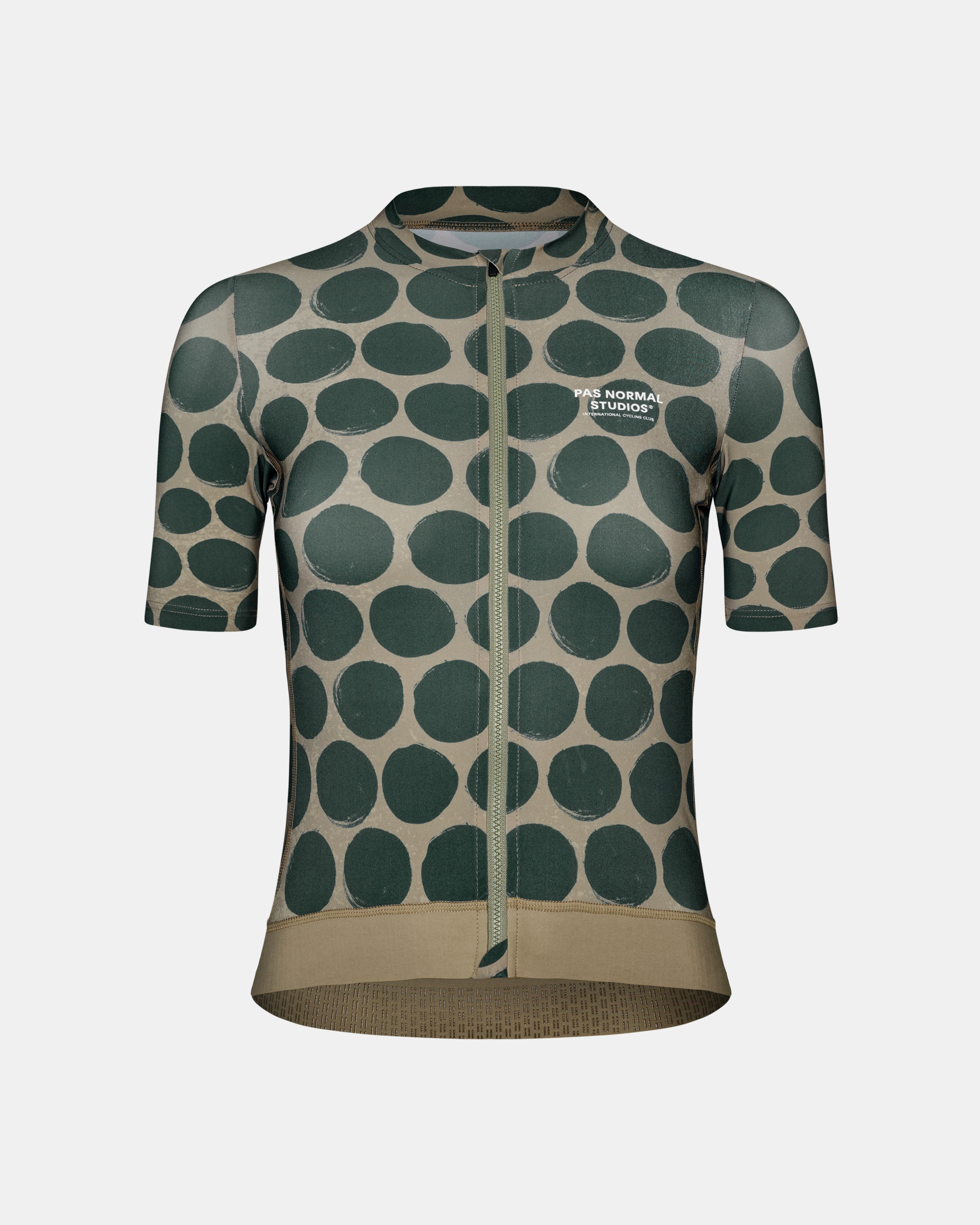 Green Essential cycling jersey, front view with beige dot pattern and full zip