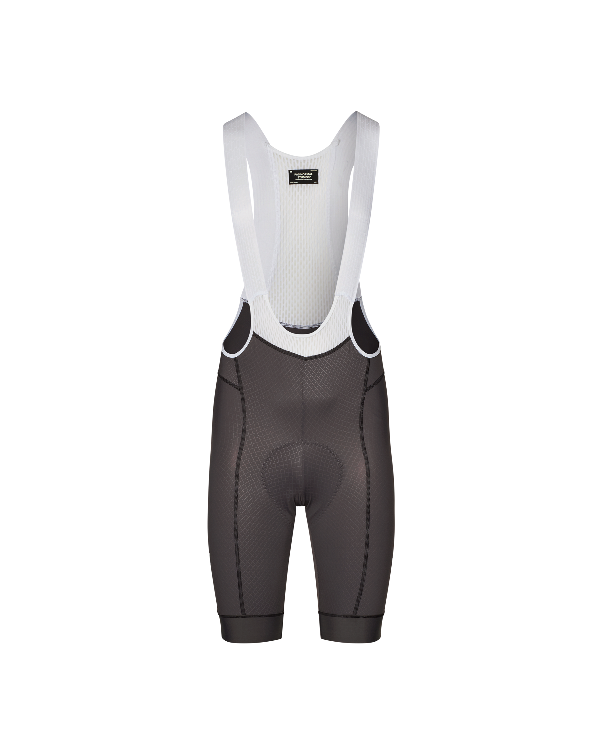 Steel Mechanism cycling bibs, front flat lay with white mesh bib straps
