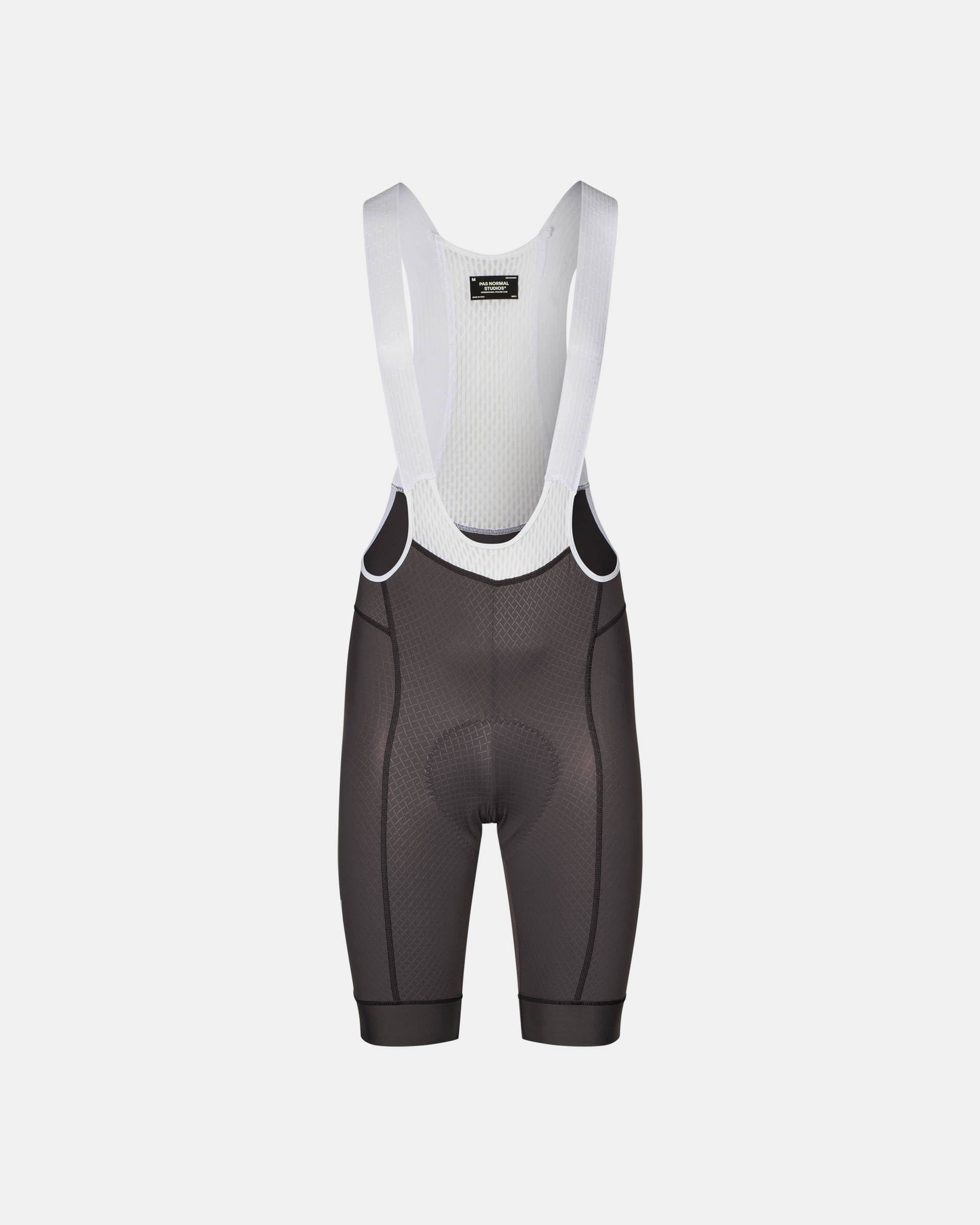 Steel Mechanism cycling bibs, front flat lay with white mesh bib straps