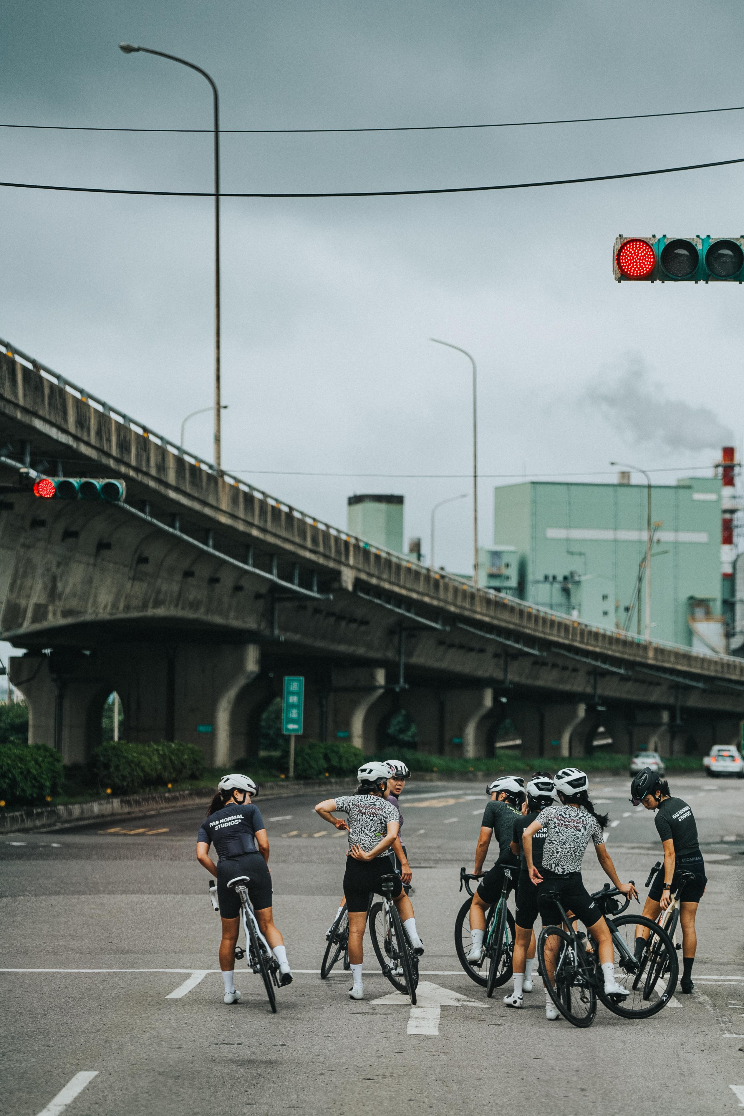 Group of cyclists in mixed cycling apparel on urban road beneath highway overpass with traffic lights