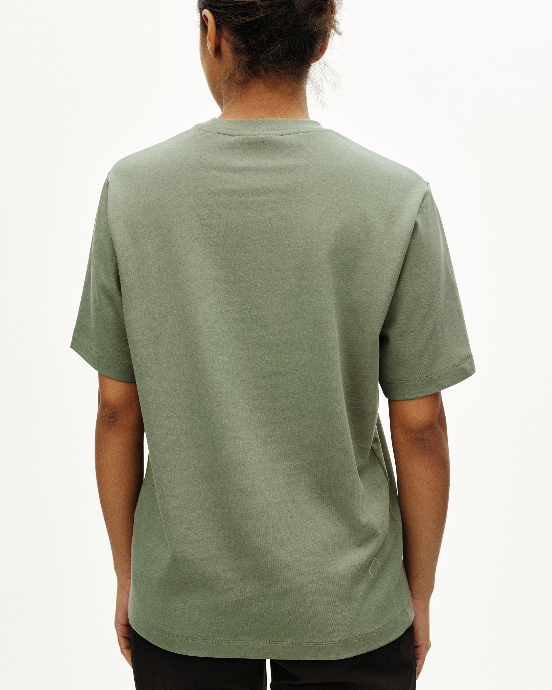 Green Off-Race t-shirt, rear view on model
