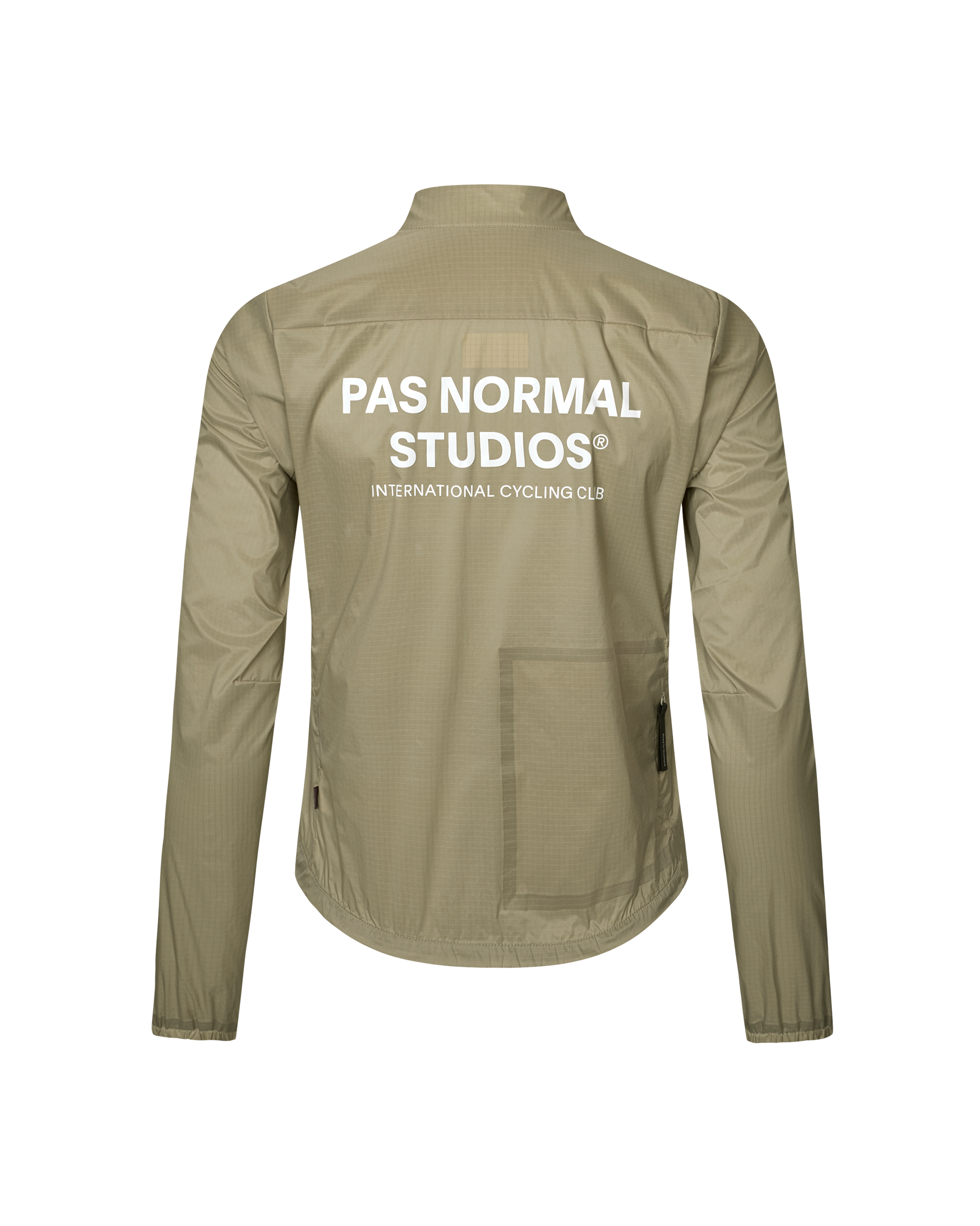 Grey Sage Essential cycling jacket, rear flat lay with white back logo print