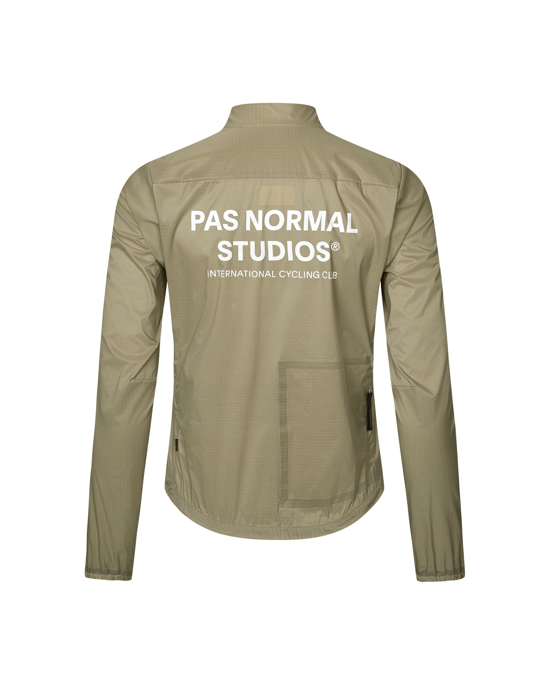 Grey Sage Essential cycling jacket, rear flat lay with white back logo print