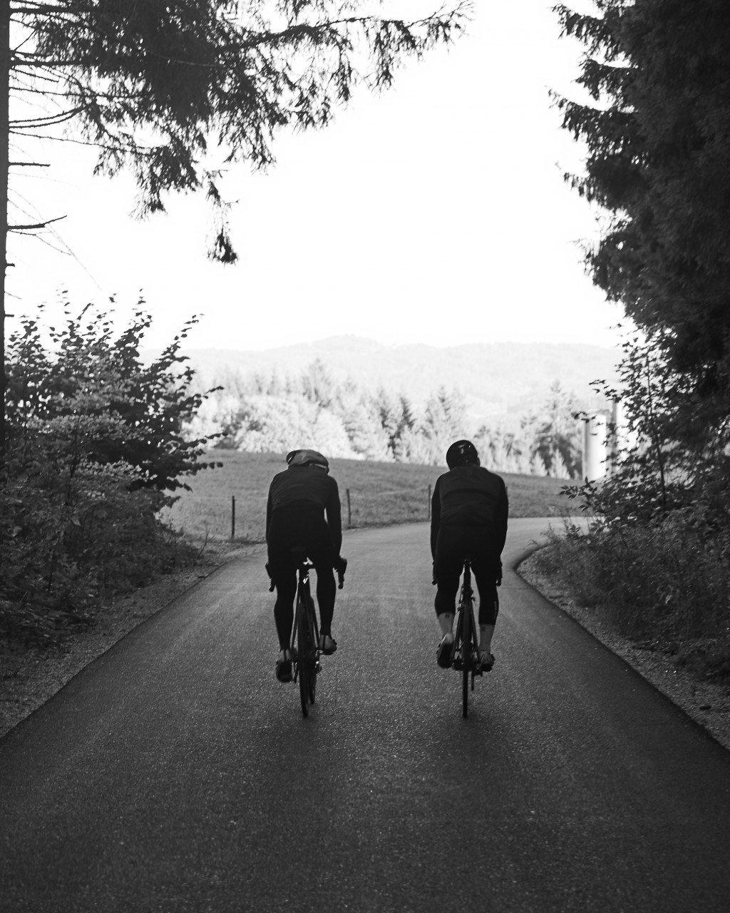 Two cyclists riding on country road framed by overhanging trees in black and white