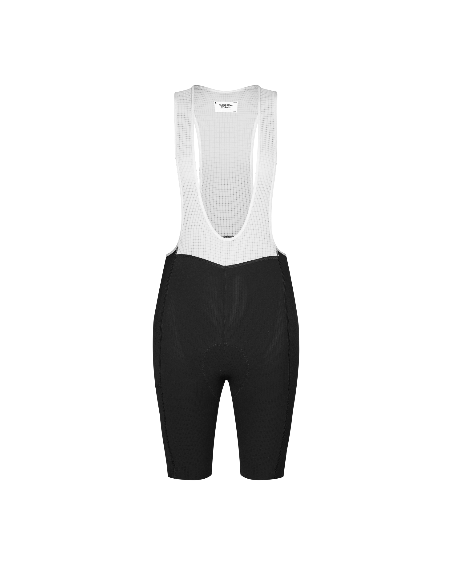 Black Essential Light Cargo cycling bibs, front flat lay with white mesh upper and black shorts