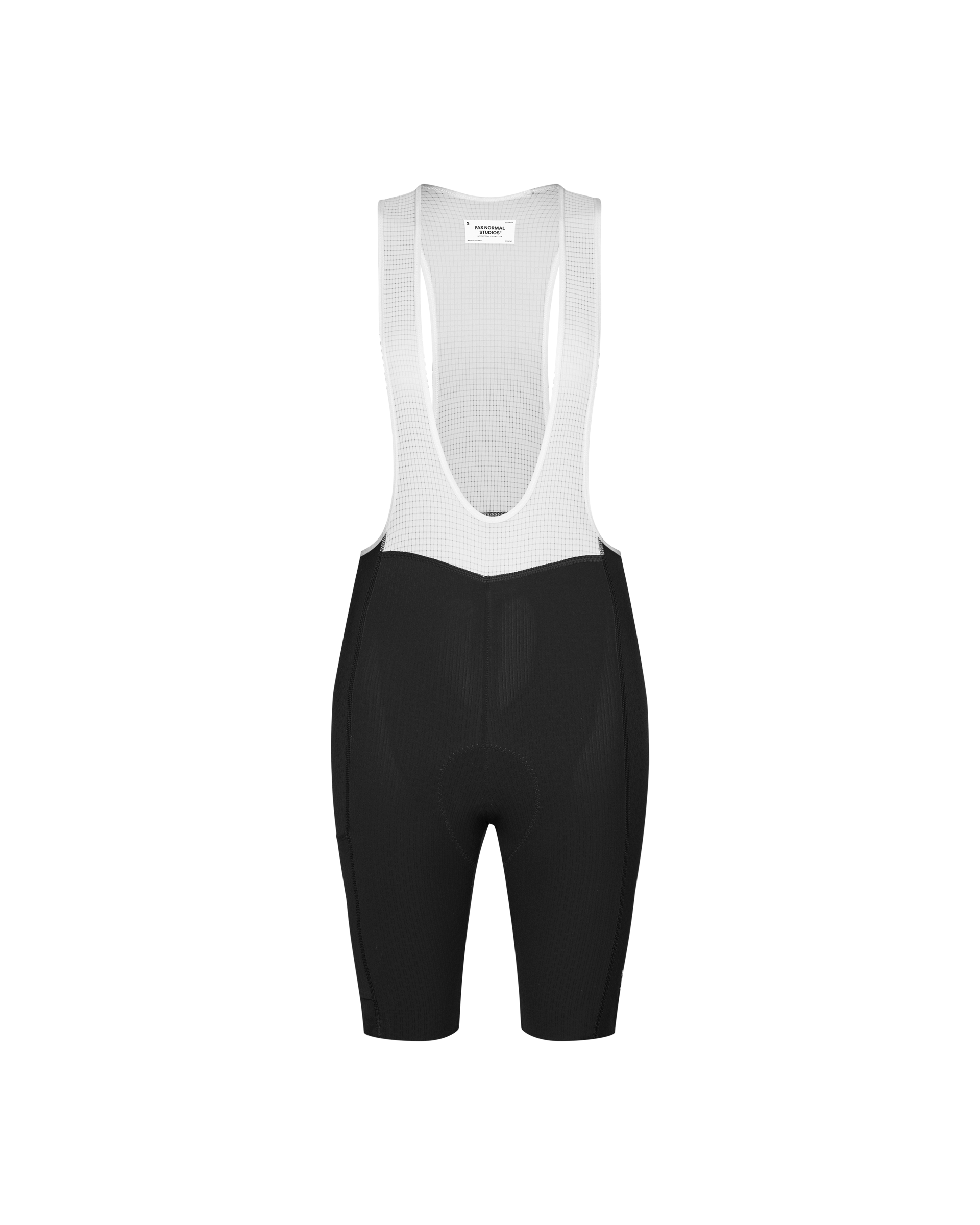Black Essential Light Cargo cycling bibs, front flat lay with white mesh upper and black shorts