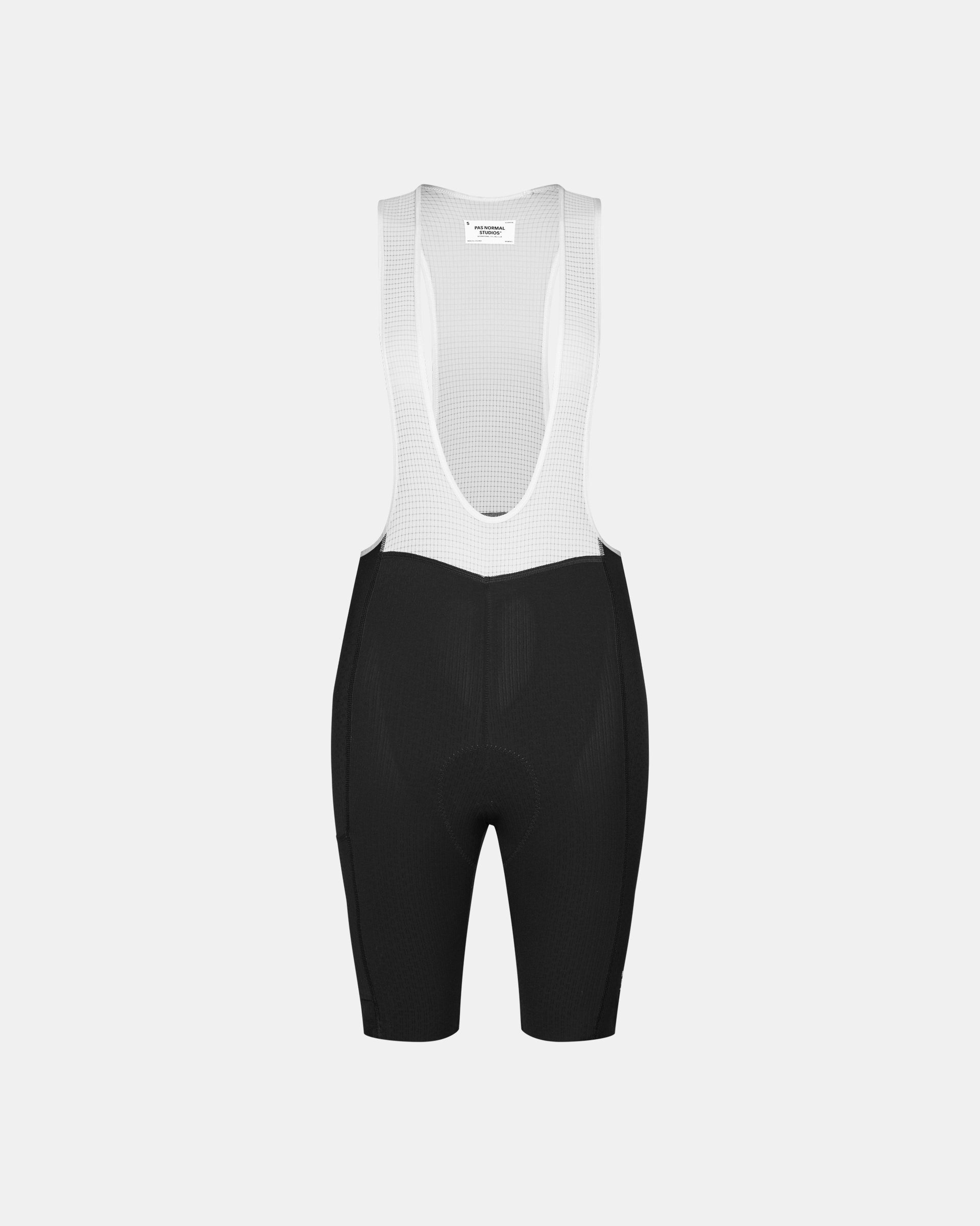 Black Essential Light Cargo cycling bibs, front flat lay with white mesh upper and black shorts