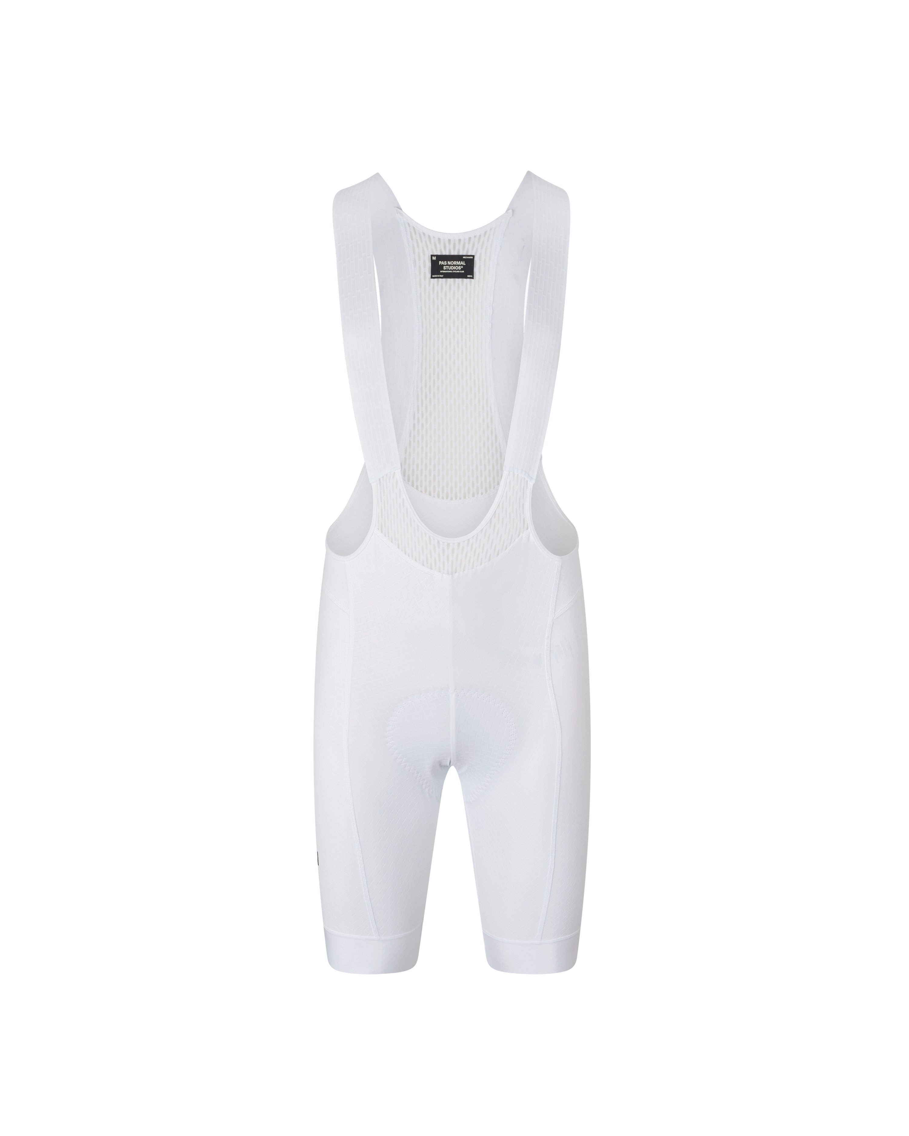 White Mechanism cycling bibs, front flat lay with mesh bib straps