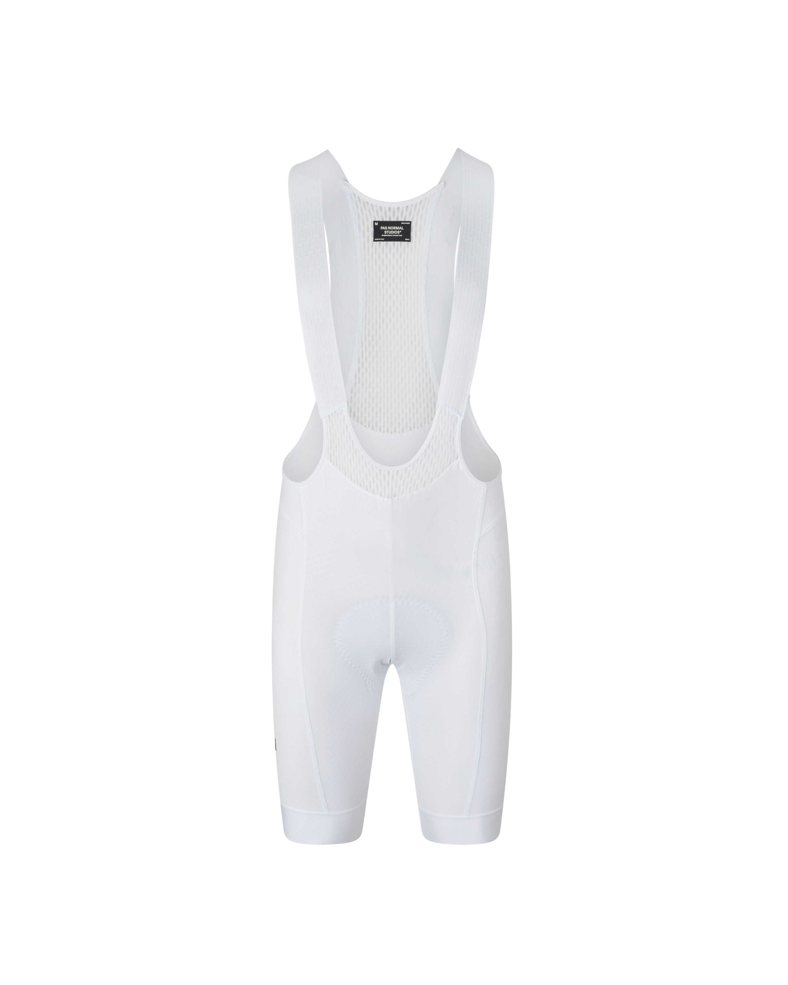 White Mechanism cycling bibs, front flat lay with mesh bib straps