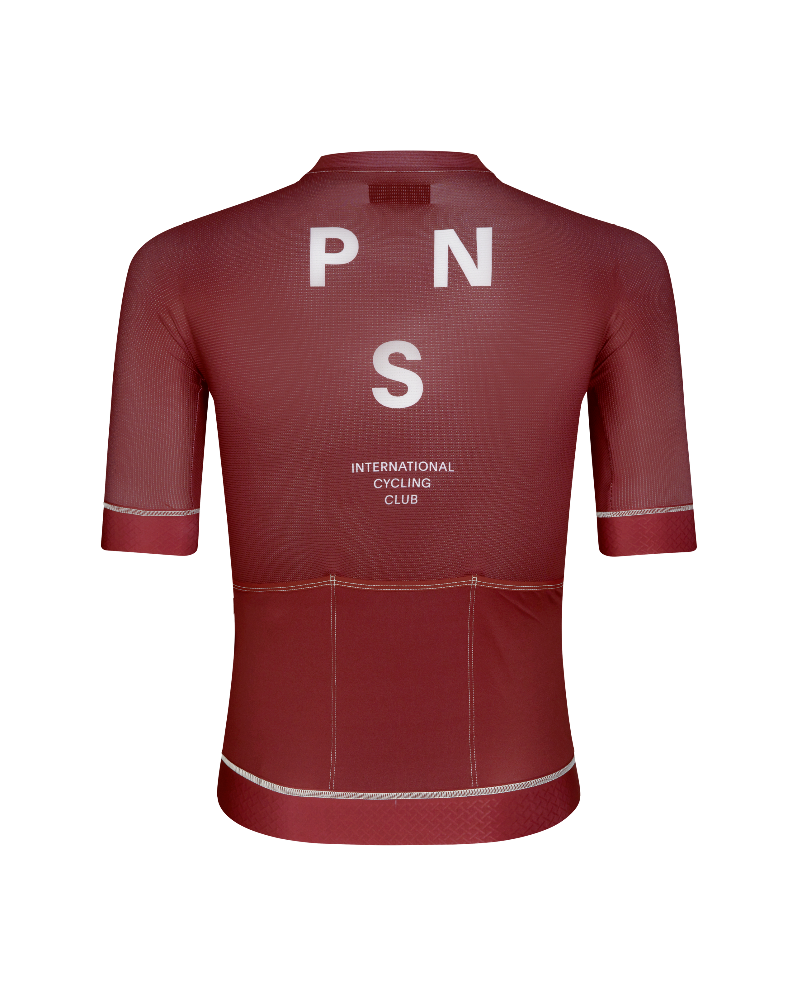 Burgundy Mechanism cycling jersey, rear view with white PNS logo and contrast stitching