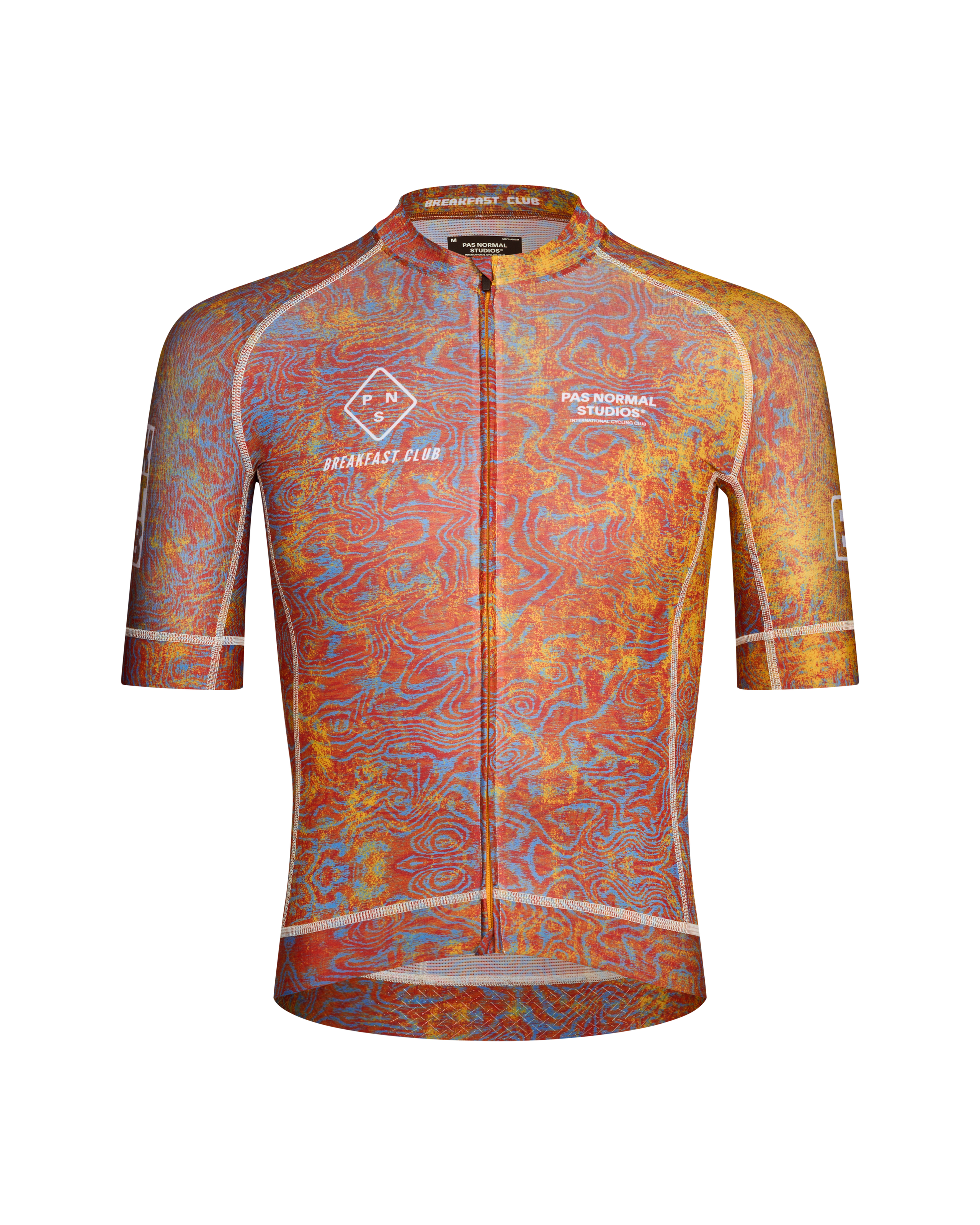 Grain Mechanism Breakfast Club cycling jersey, front flat lay with rust and blue topographic allover print