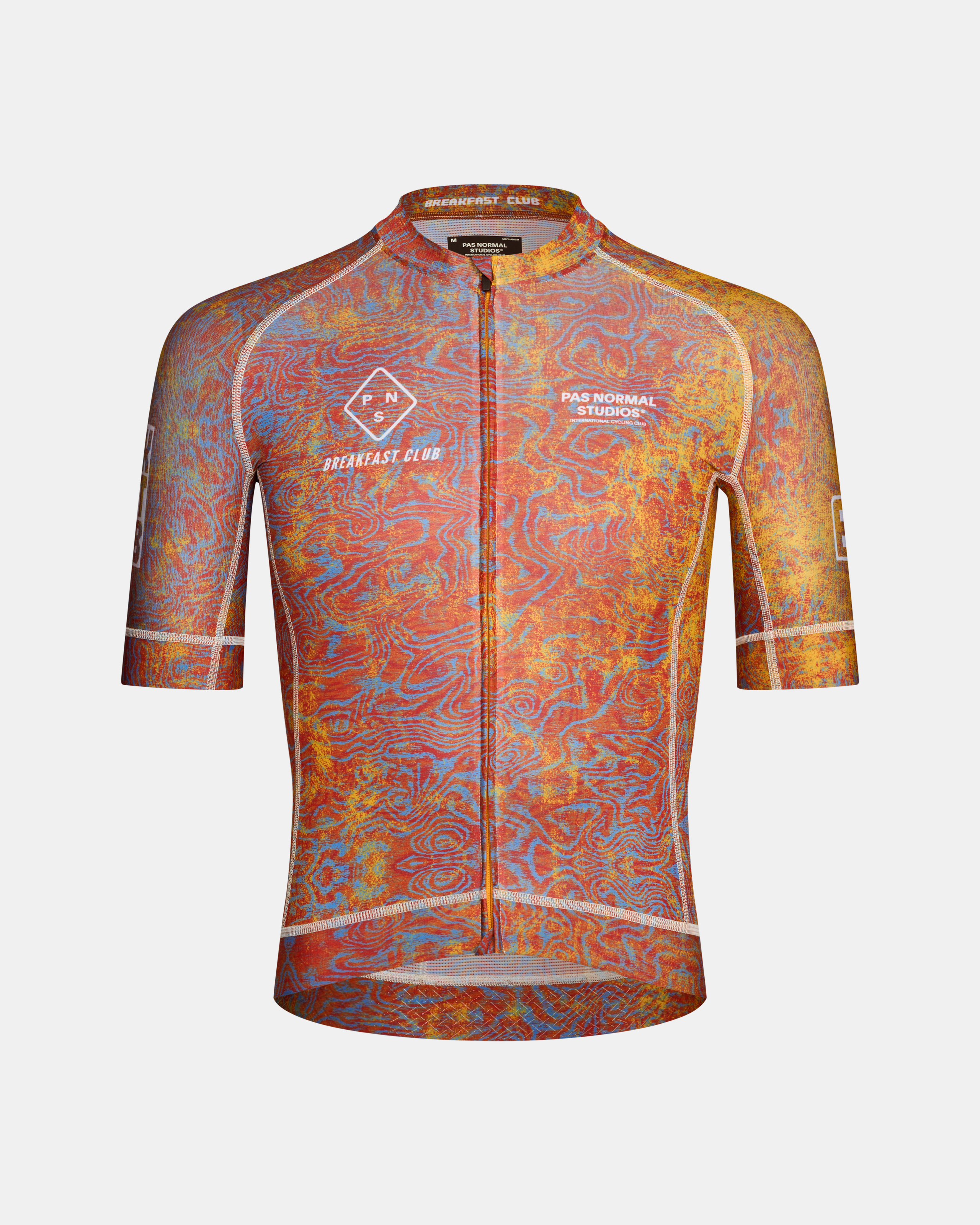 Grain Mechanism Breakfast Club cycling jersey, front flat lay with rust and blue topographic allover print