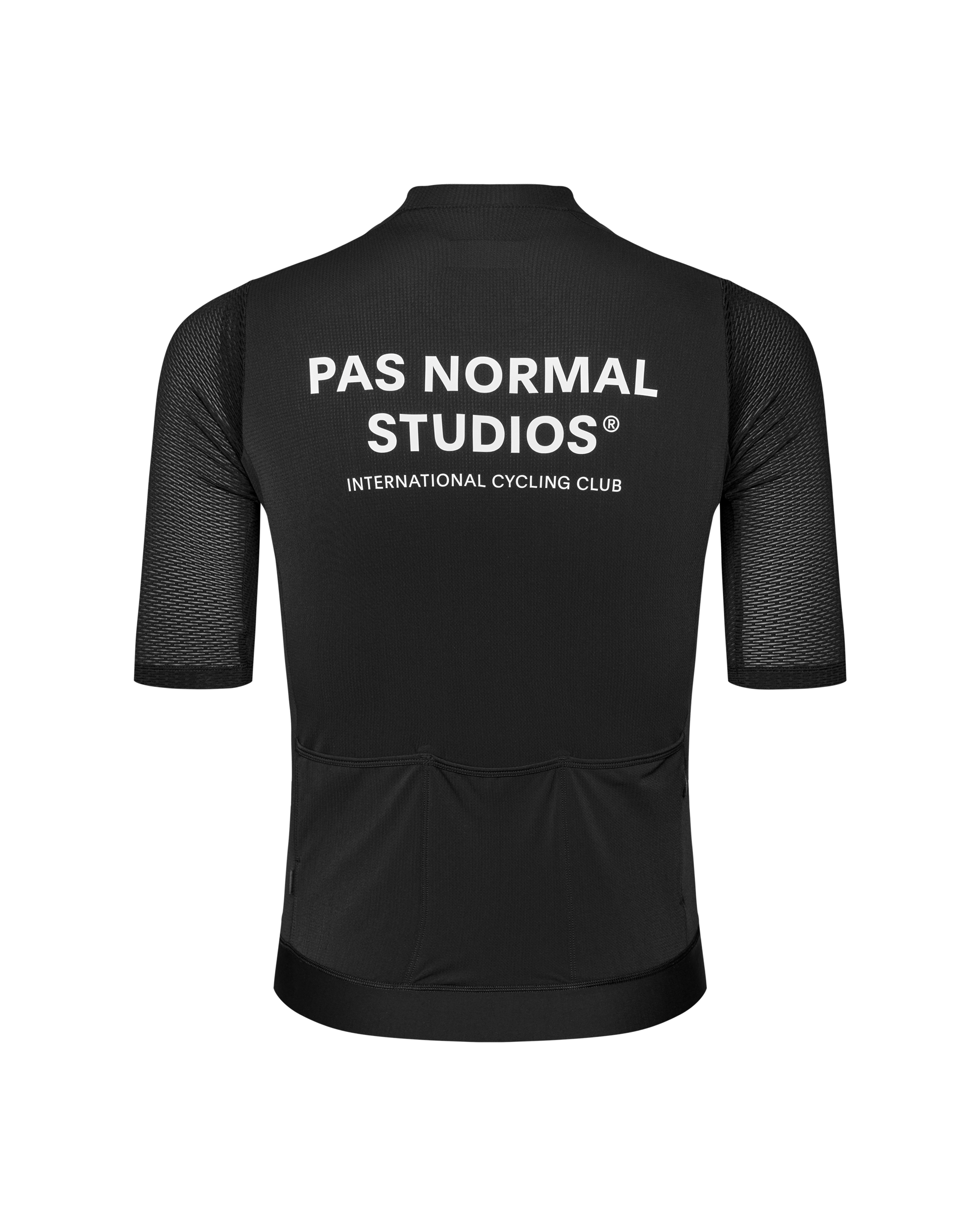 Black Essential Light cycling jersey, rear view with white logo print and mesh sleeves